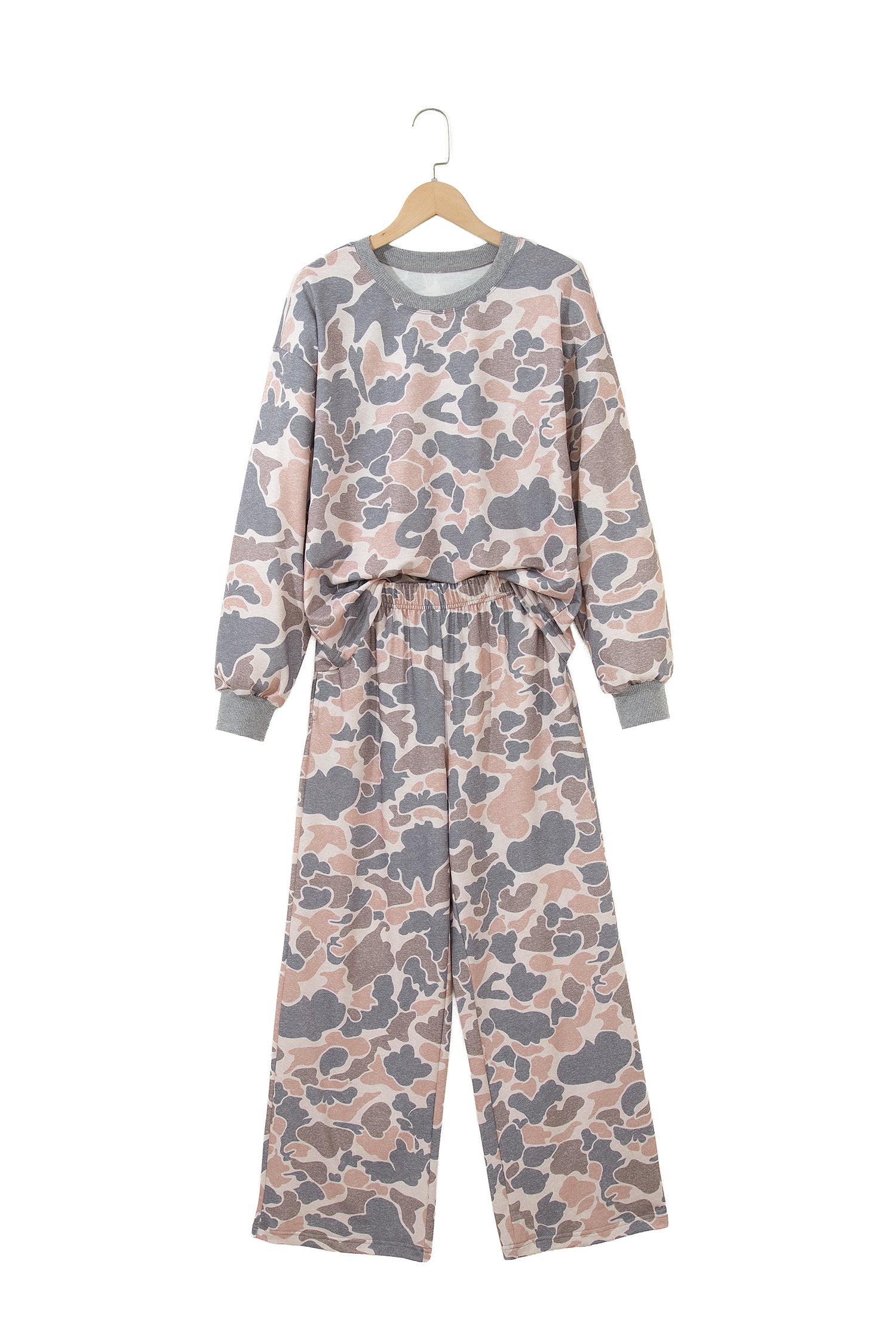 Camouflage Print Long Sleeve Top Loose 2pcs Pants Set – Multicolour
