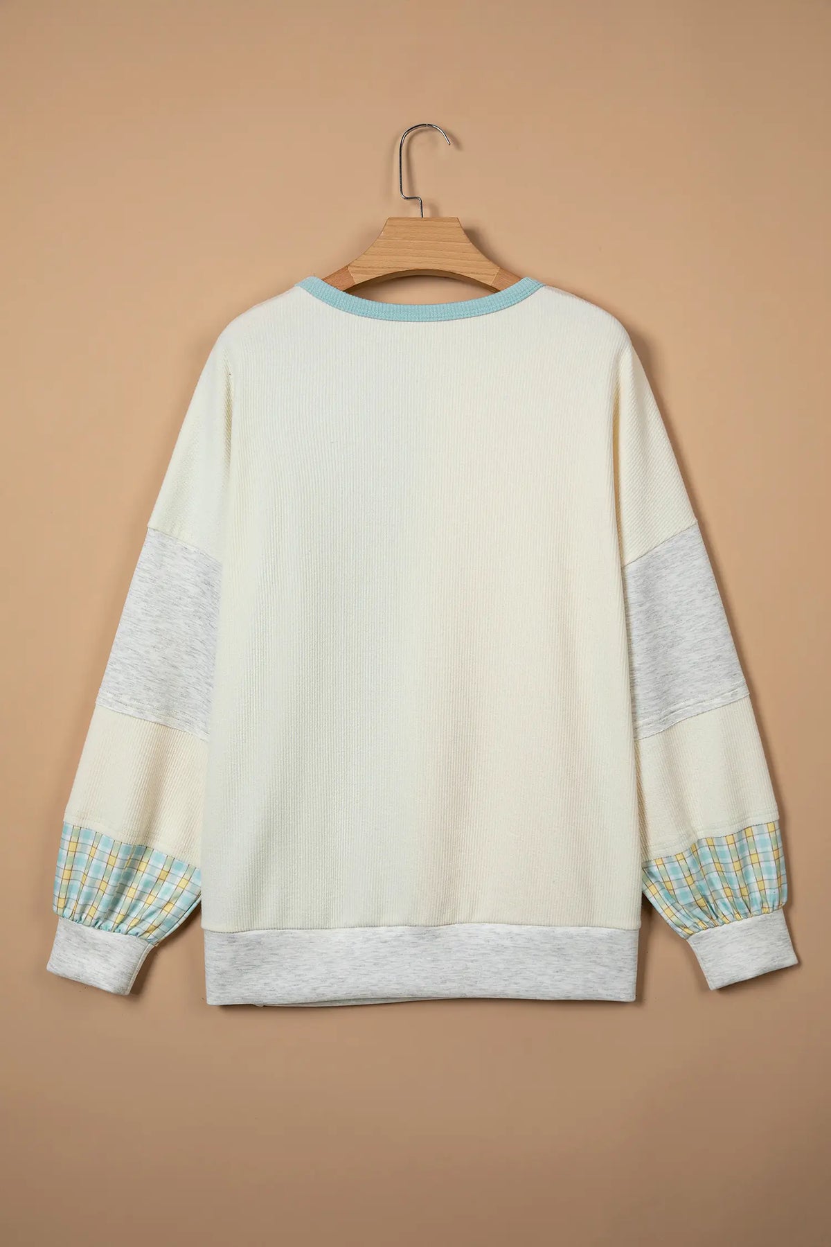 Plaid Patchwork Round Neck Long Sleeve Top – Light Blue