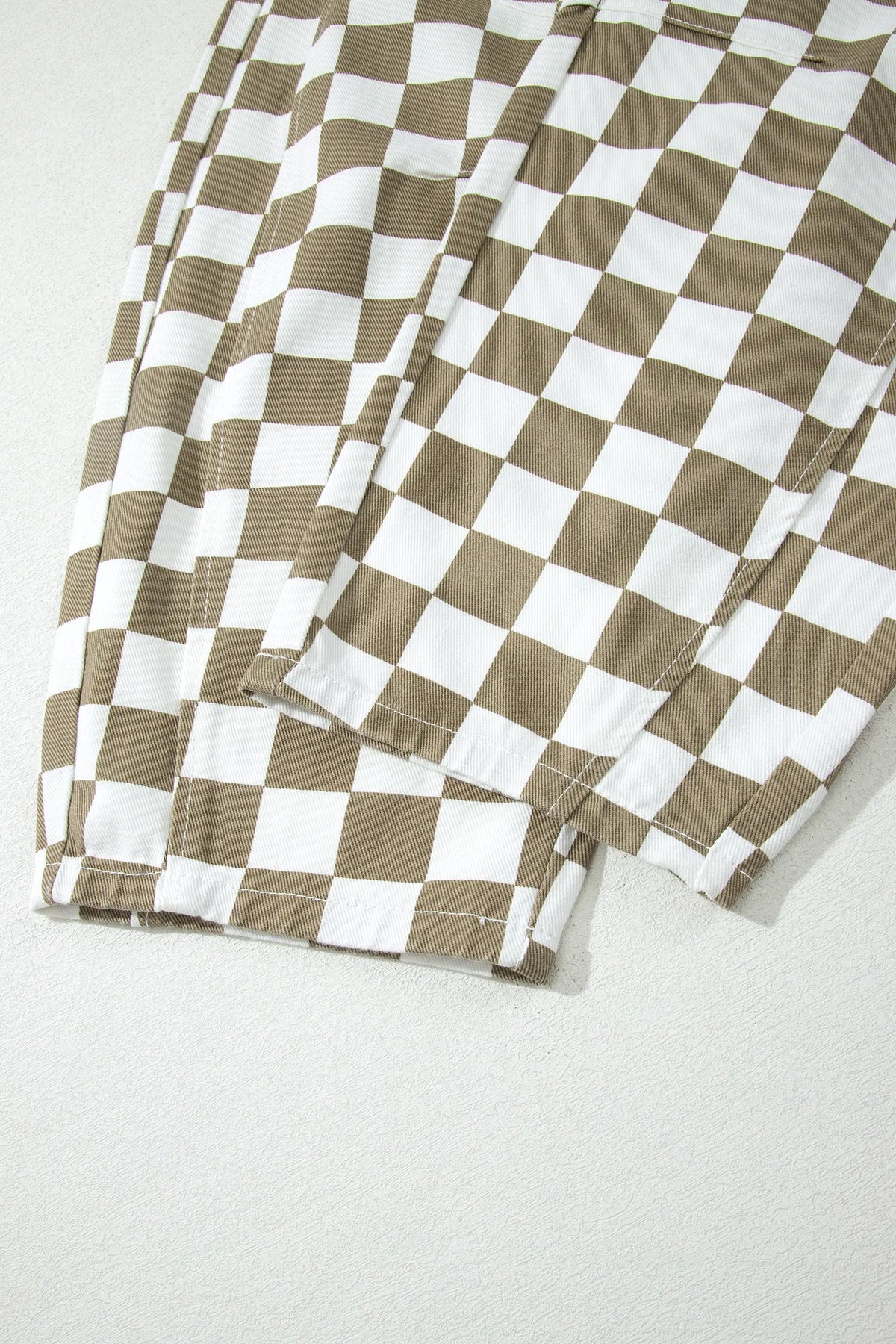 Checkered Print Denim Barrel Pants – White