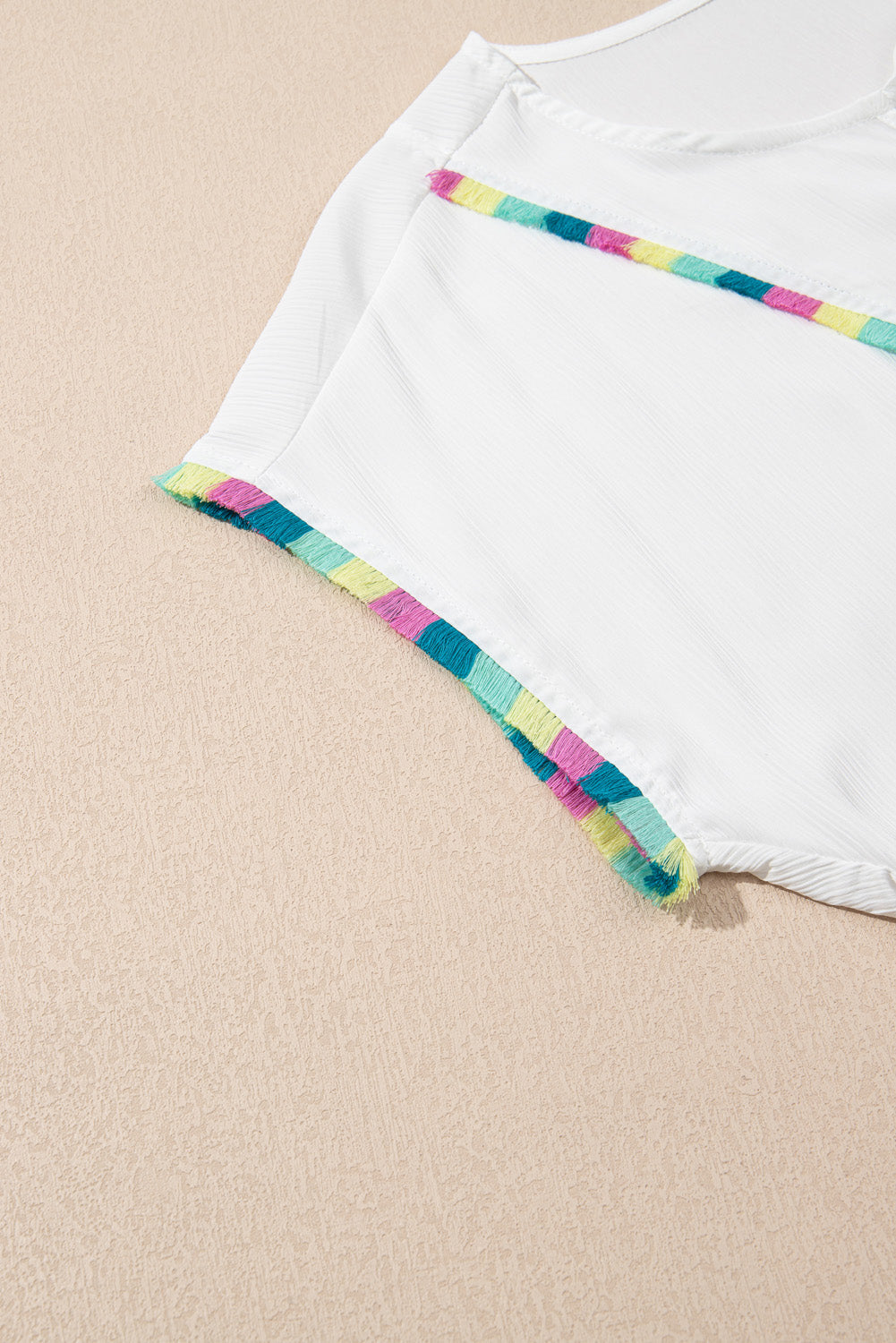 White Colourful Fringed Detail Tassel Tie Neck Short Sleeve Blouse eAura