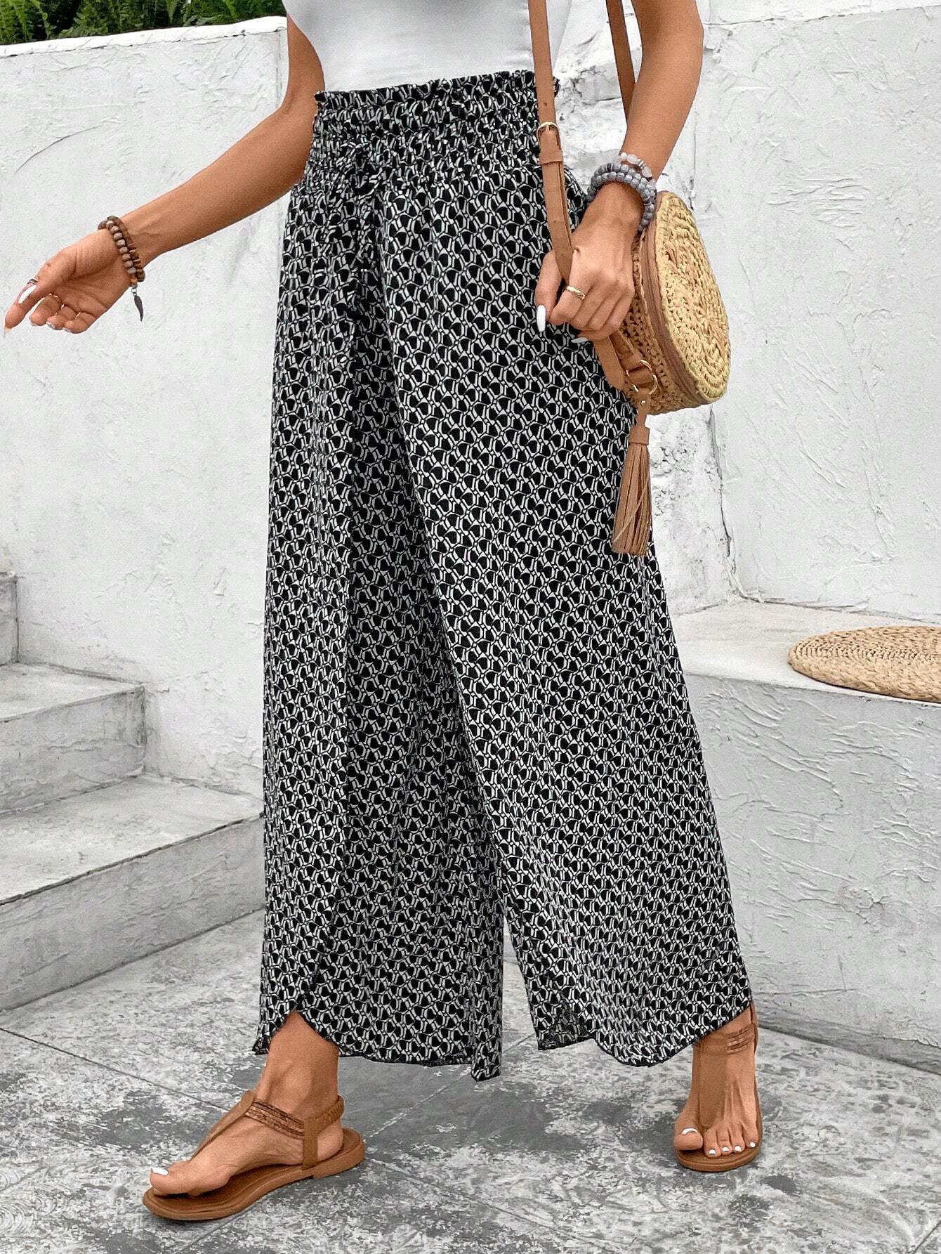 Black Bohemian Print Slit Wide Leg Smocked High Waist Trousers eAura