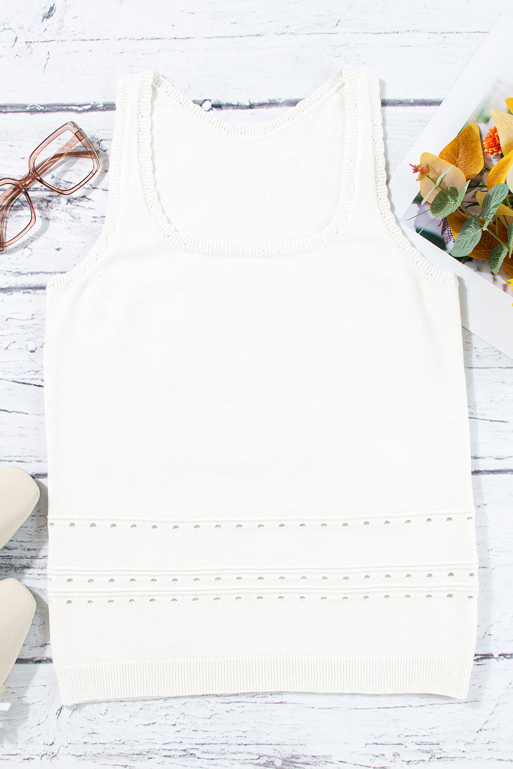 White U Neck Eyelet Accent Sweater Vest BB Fashion Outlet