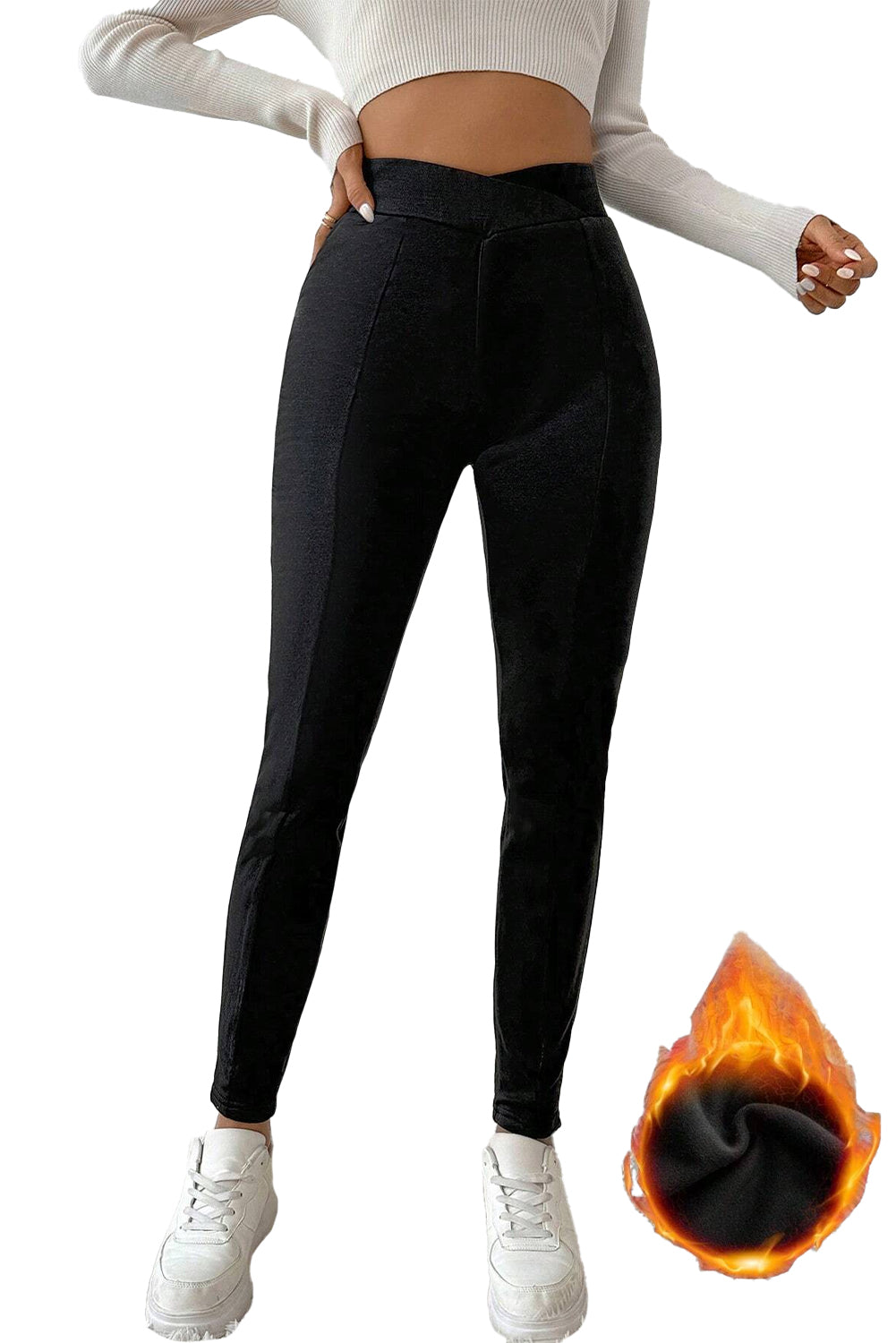 Black Crossed Waist Seamed Leg Thermal Leggings Beagle Boutique Fashion Outlet