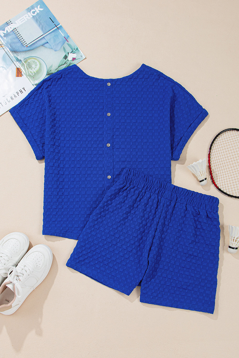 Sky Blue Jacquard Textured Buttoned Tee and Shorts Set eAura