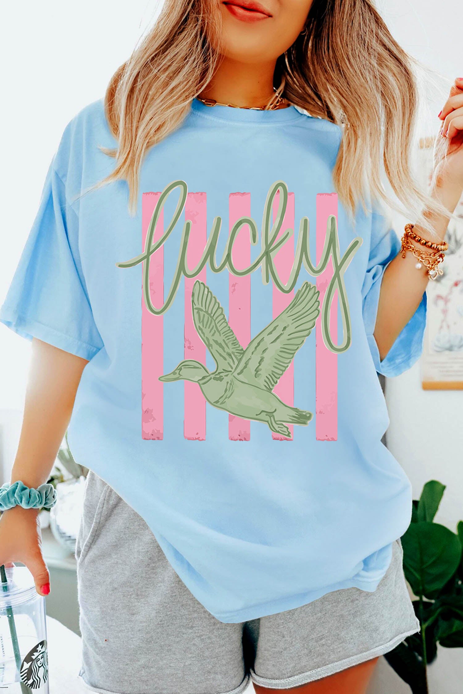 Lucky Duck Print Casual Round Neck T Shirt – Light Blue