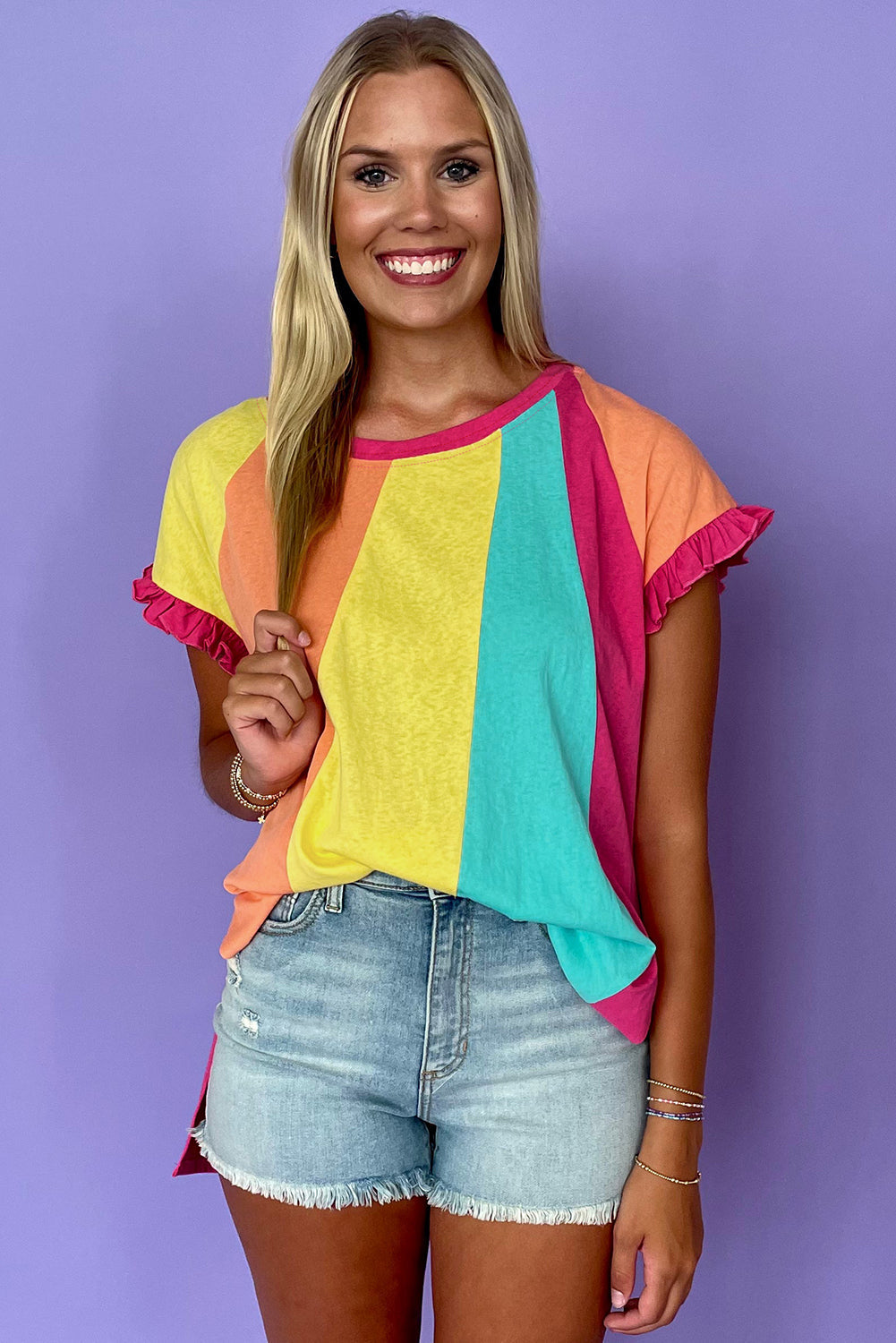 Rose Red Colour Block Ruffled Crew Neck Loose Fit T Shirt eAura