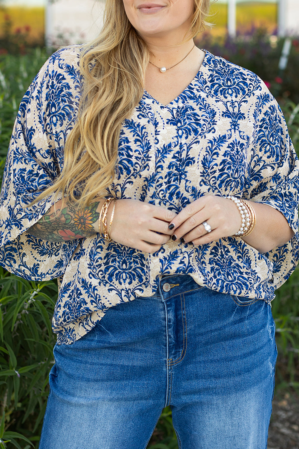 Blue Plus Size Ethnic Printed 3/4 Sleeve V Neck Loose Blouse BB Fashion Outlet