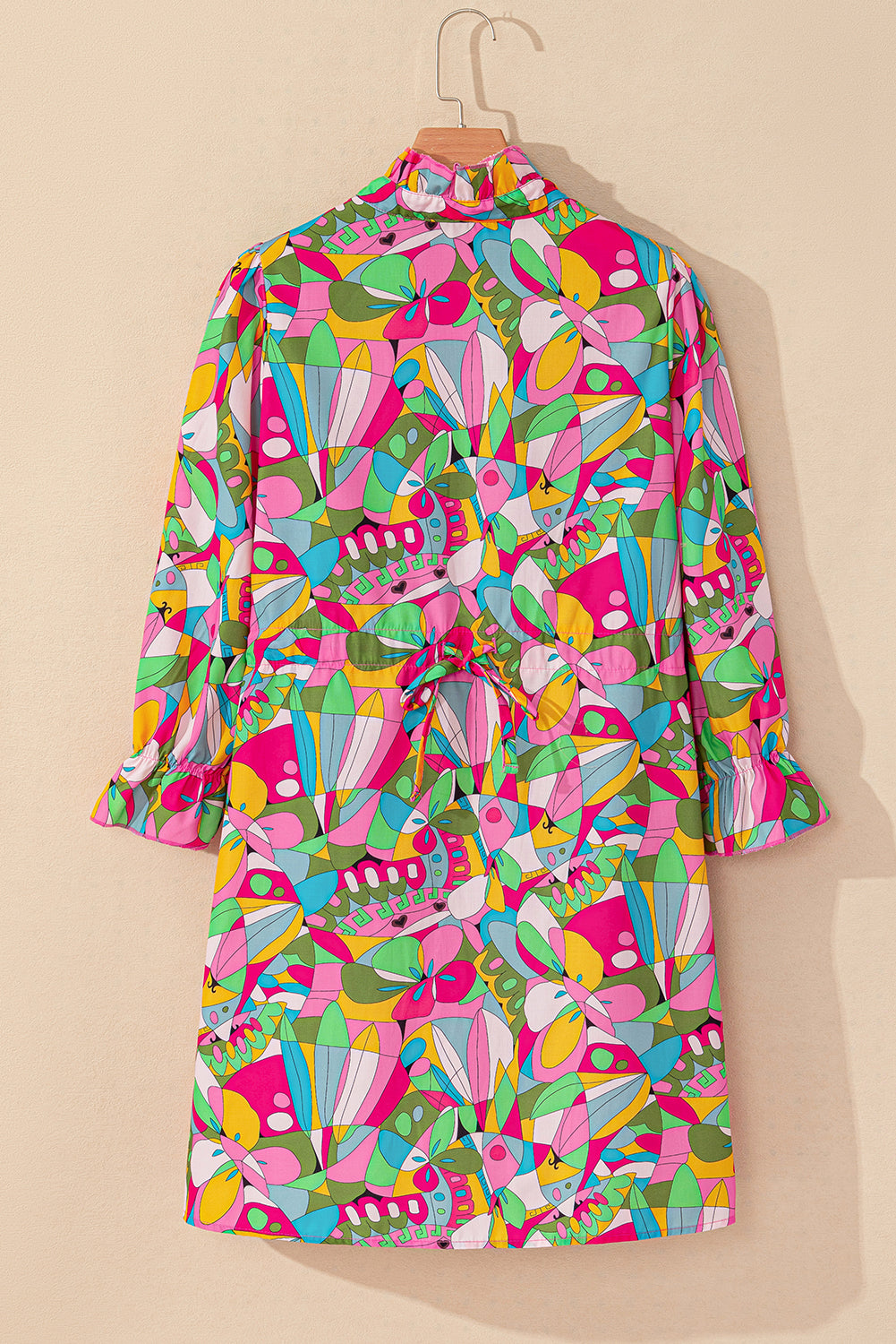 Pink Abstract Printed Lantern Sleeve Buttoned Mini Dress eAura