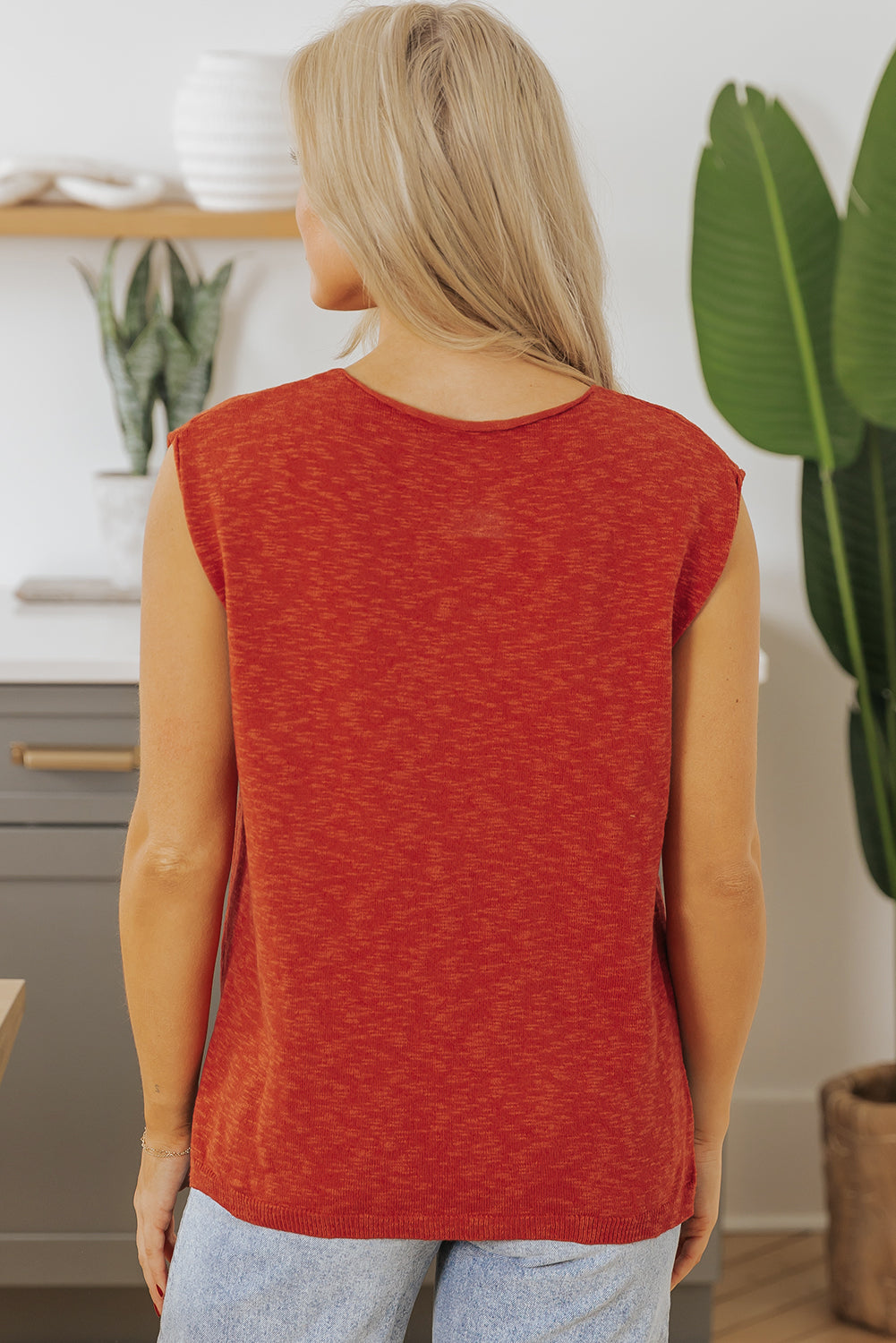 Orange Solid Colour Split V Neck Short Sleeve Sweater eAura