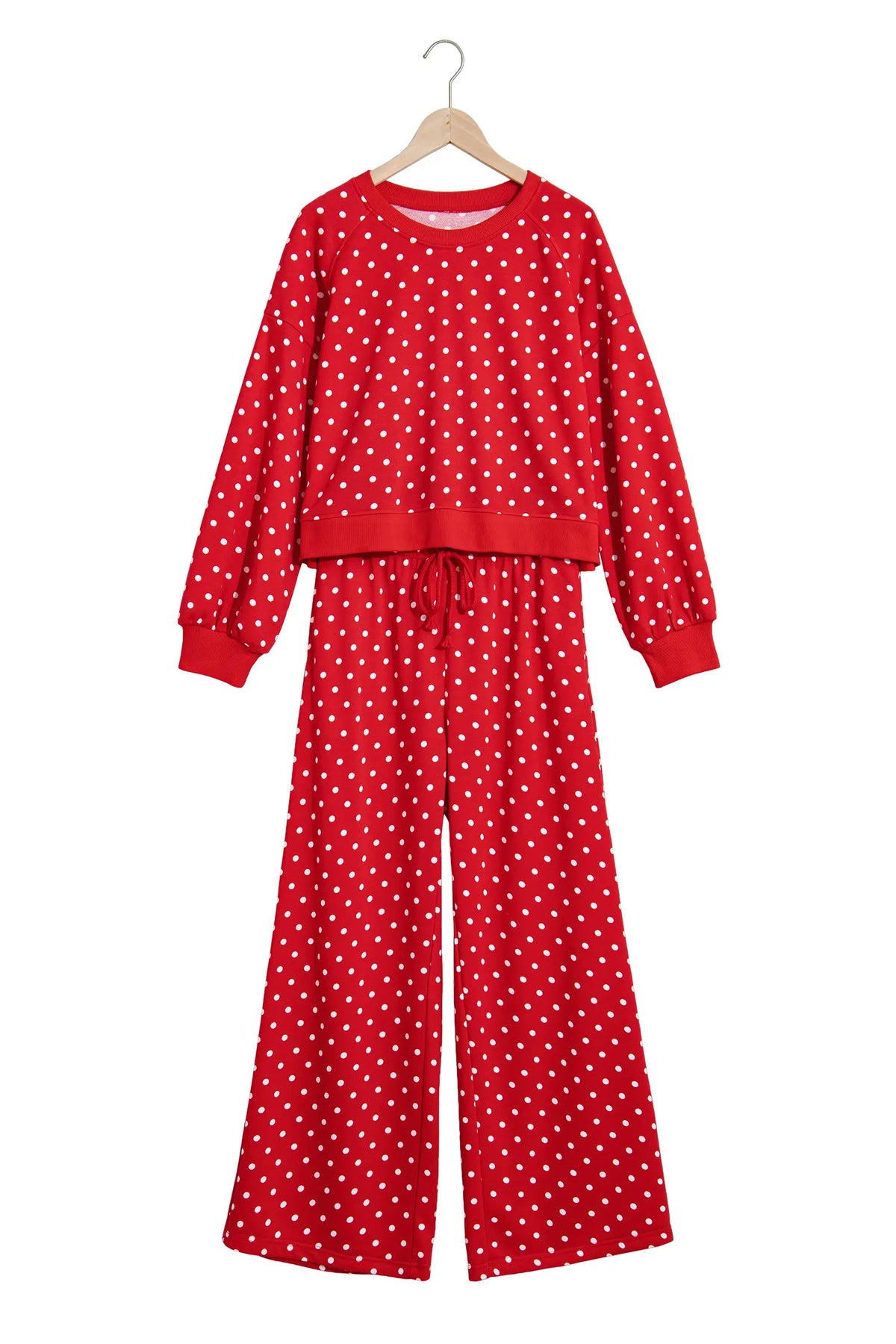 Polka Dot Drawstring Wide Leg Long Sleeve Top Pant Set – Red