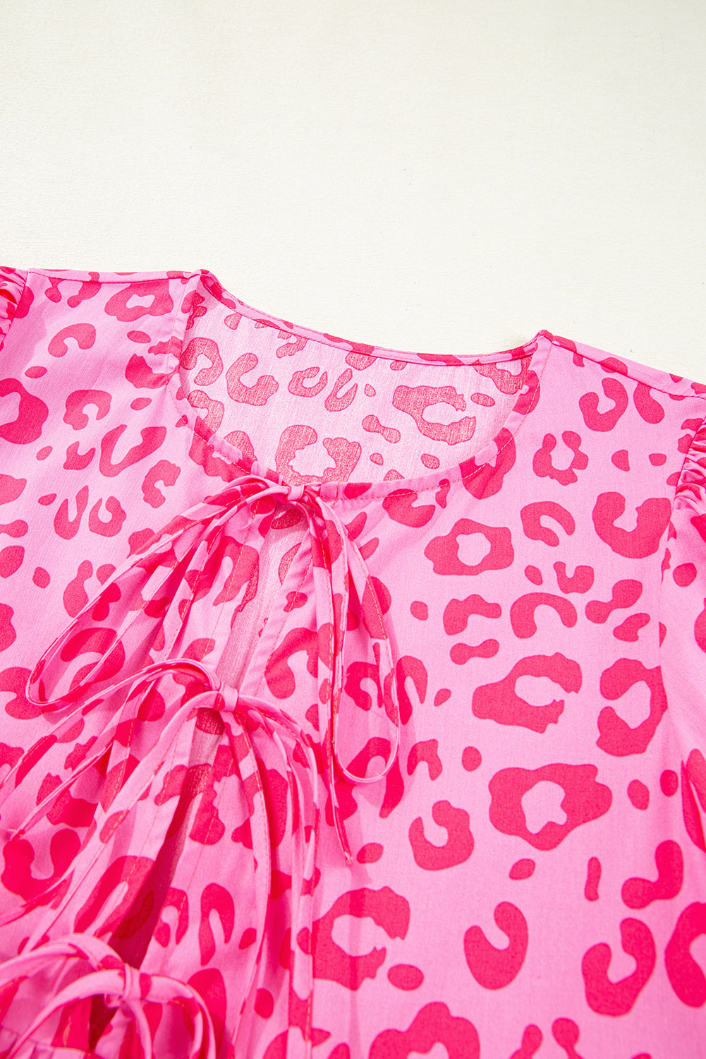 Rose Leopard Puff Sleeve Tie Front High Waist Mini Dress eAura