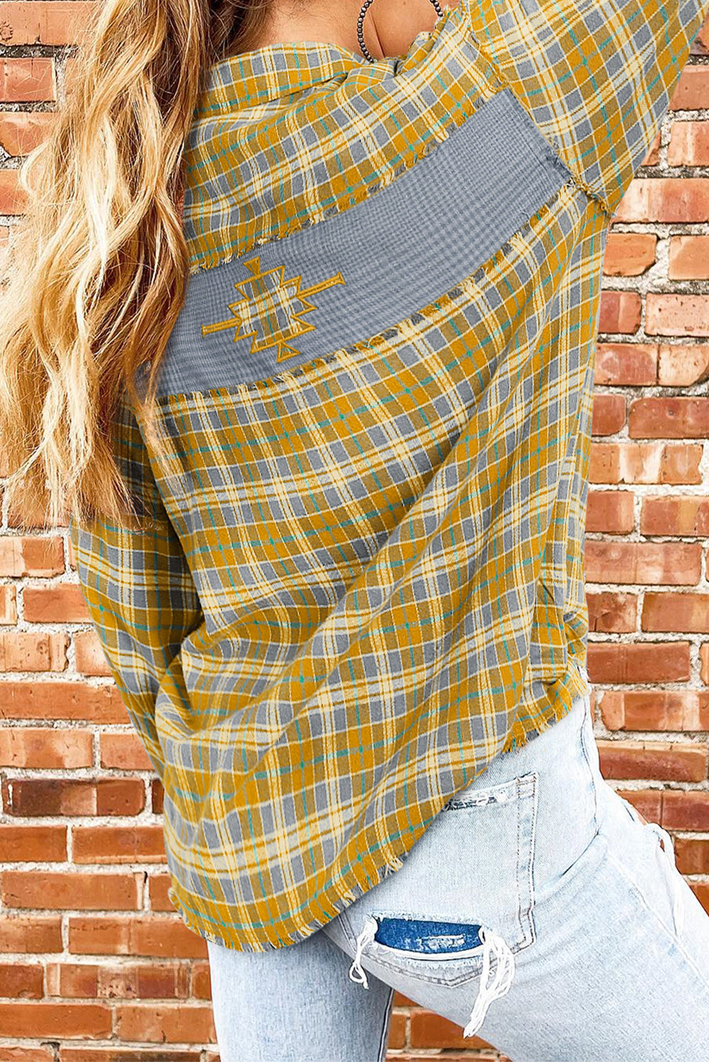 Ginger Plaid Embroidery Patch Button-Down Shacket eAura