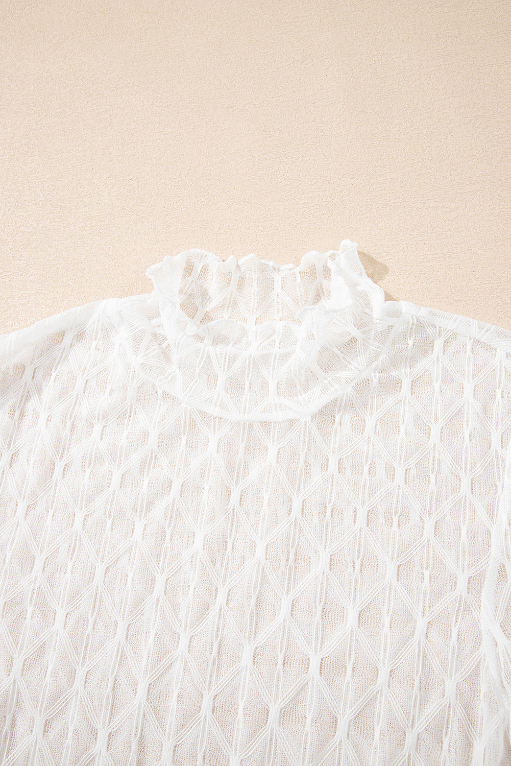 Sheer Mesh Patterned Lettuce Trim Slim Long Sleeve Top eAura
