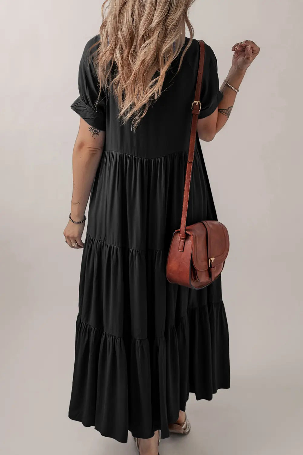 Hidden Button Short Sleeve Ruffle Tiered Flared Maxi Dress