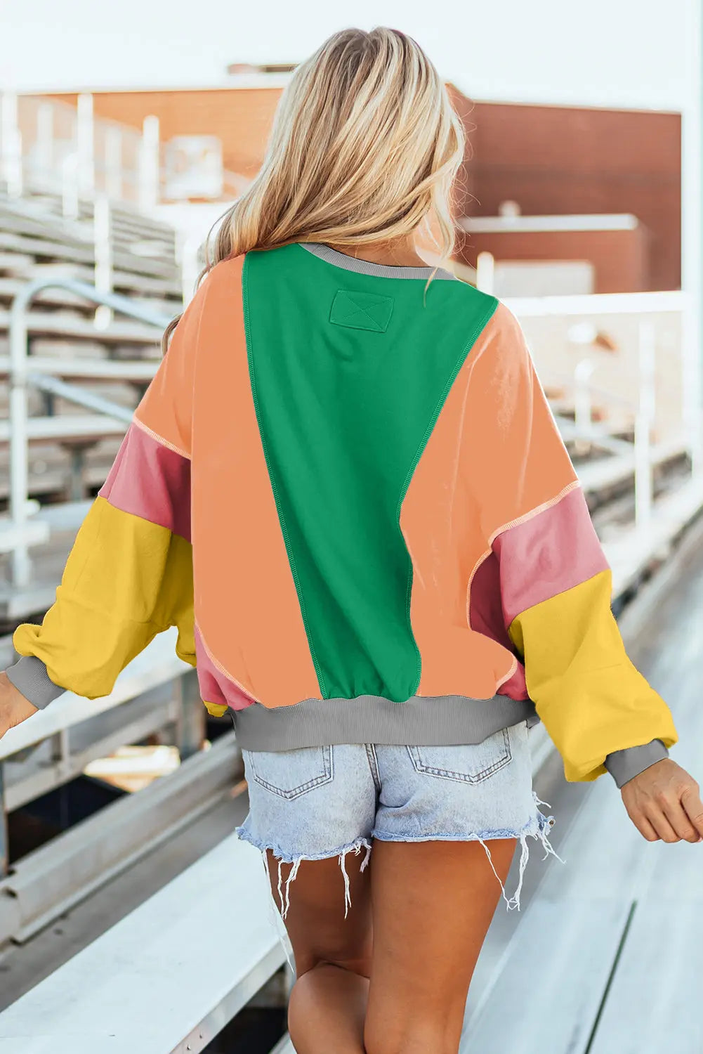 Grapefruit Orange Colourblock Patchwork Exposed Stitching Oversize Top - Sweaters & Cardigans/Sweaters