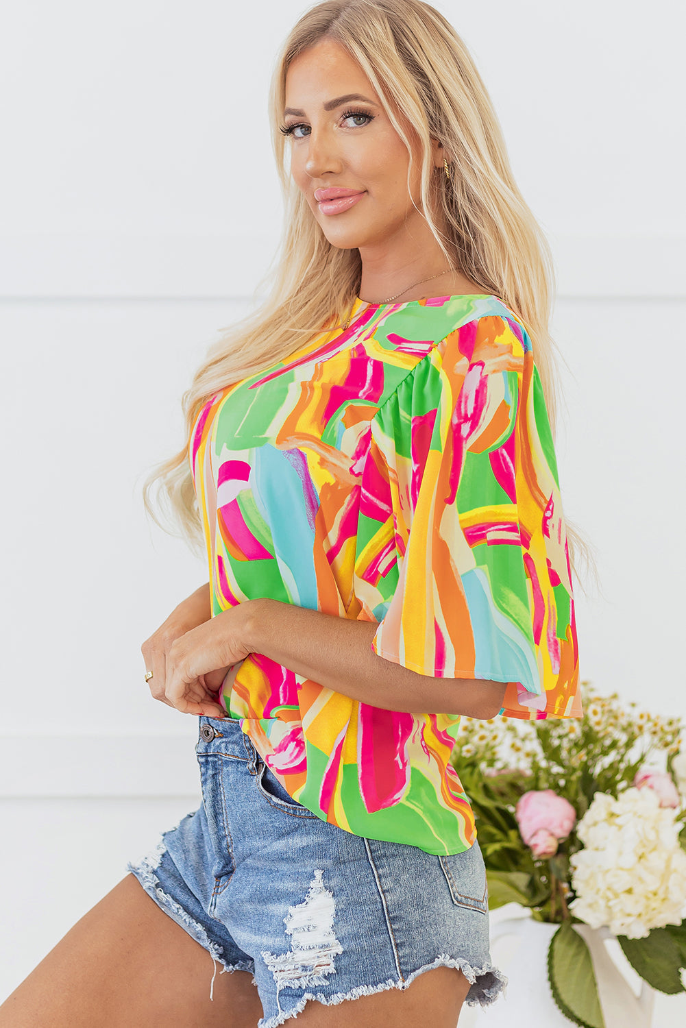 Multicolour Abstract Print Keyhole Back Pleated Half Sleeve Blouse eAura