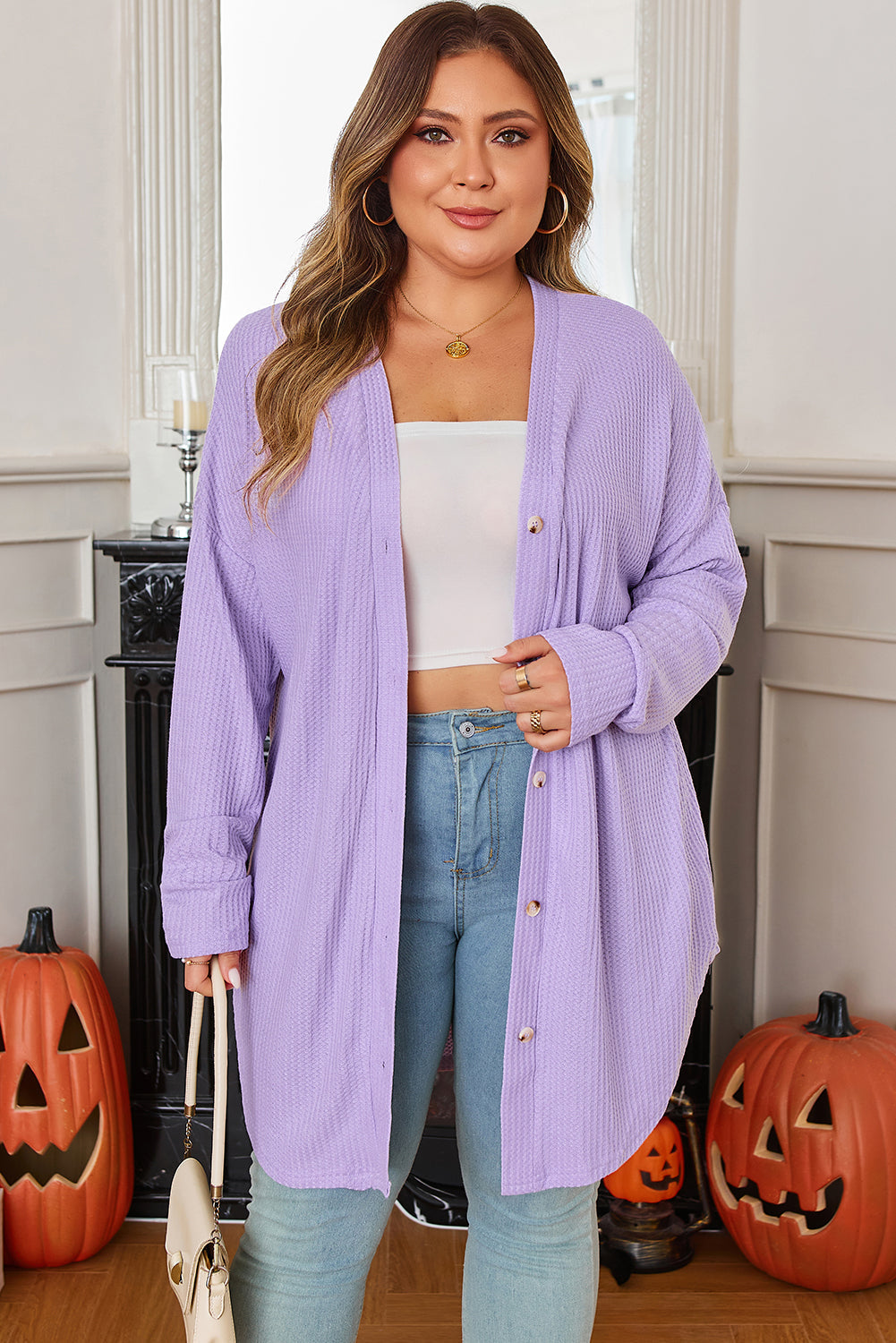 Plus Size Waffle Knit Button Front Cardigan eAura
