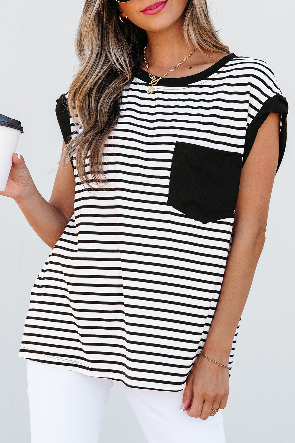 Black Stripe Chest Pocket Patch Round Neck Tank Top - eAura