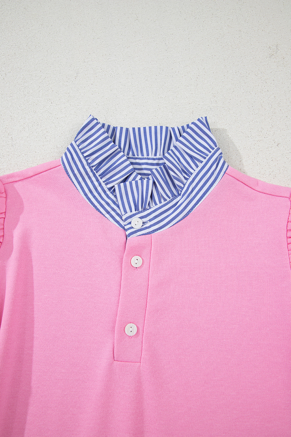 Button Striped Collar Patchwork Puff Sleeve Sweatshirt - eAura