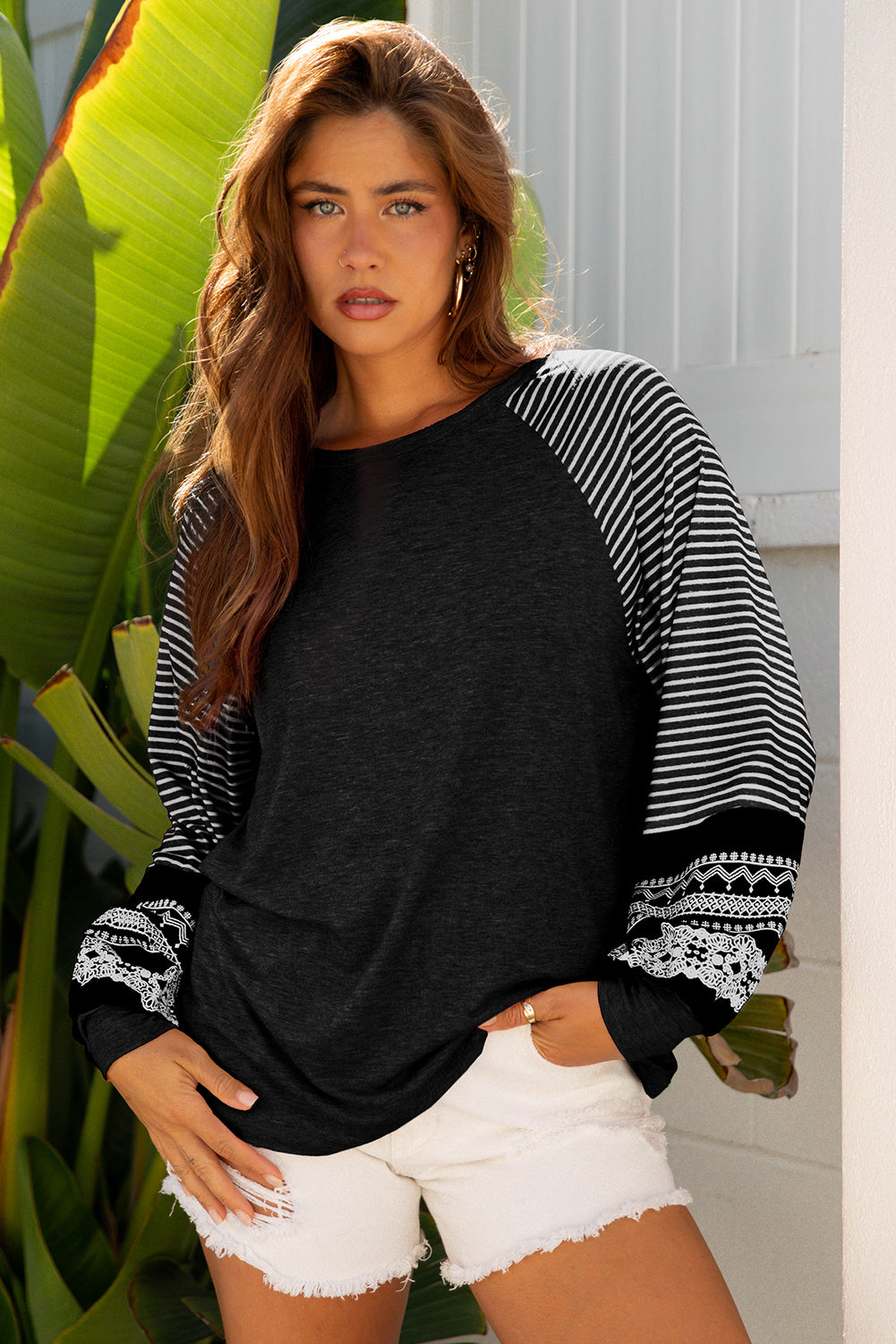 Contrast Print Striped Raglan Long Sleeve Loose Top - eAura
