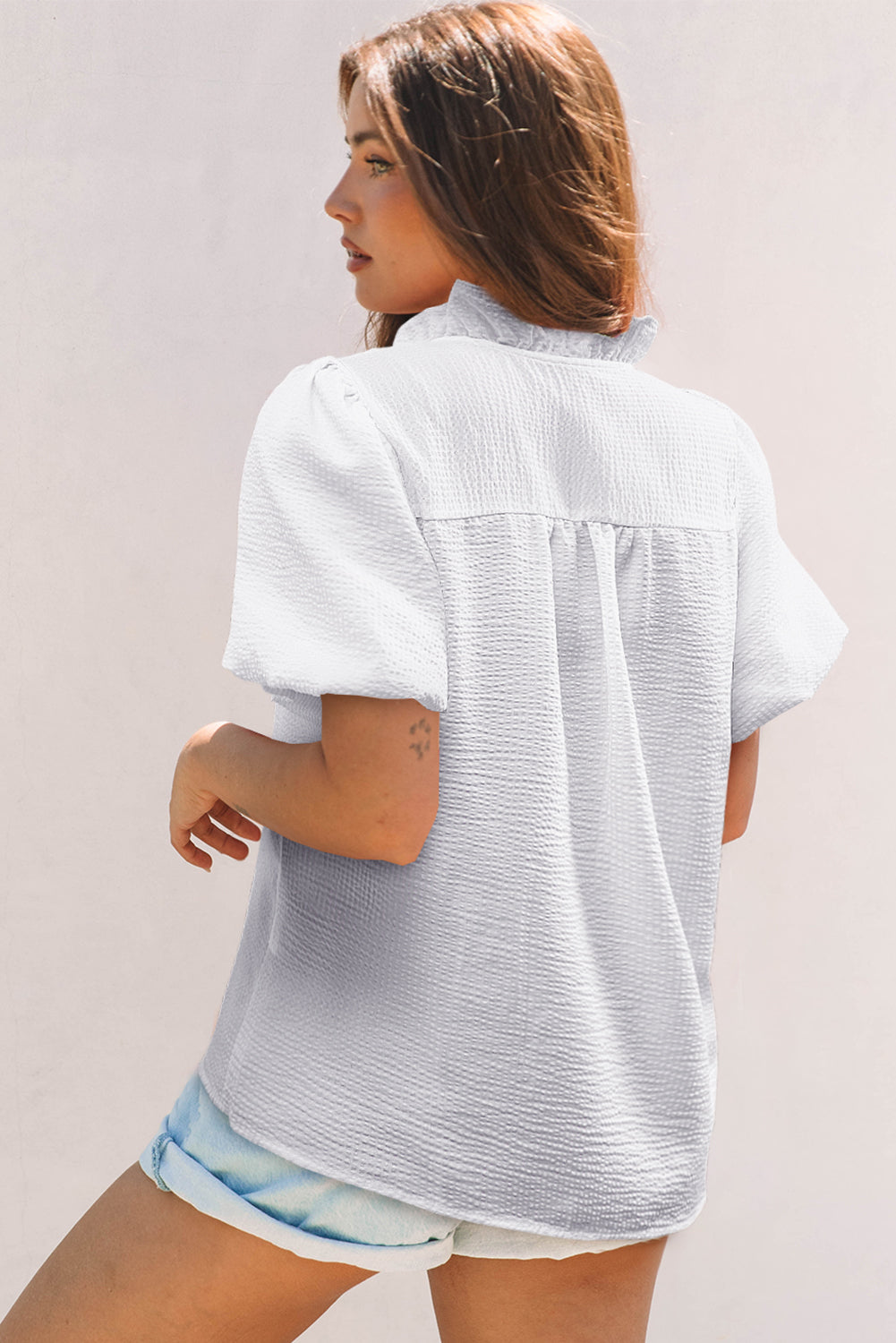 Striped Ruffle Short Bubble Sleeve Shirt eAura