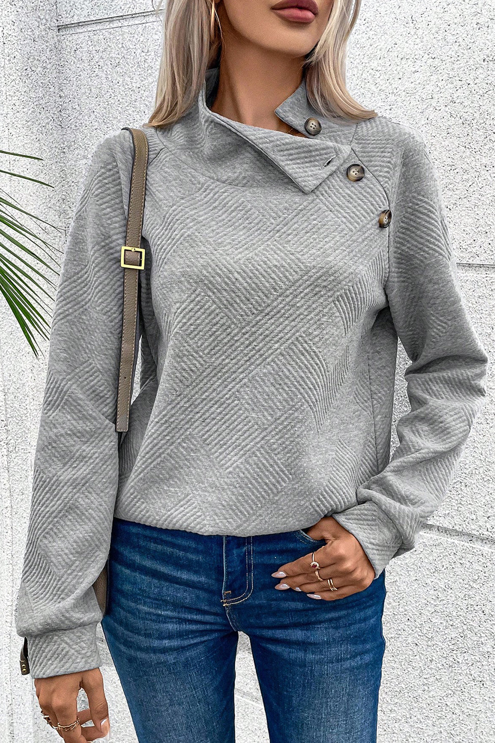 Asymmetric Buttons Detail High Neck Textured Sweatshirt eAura