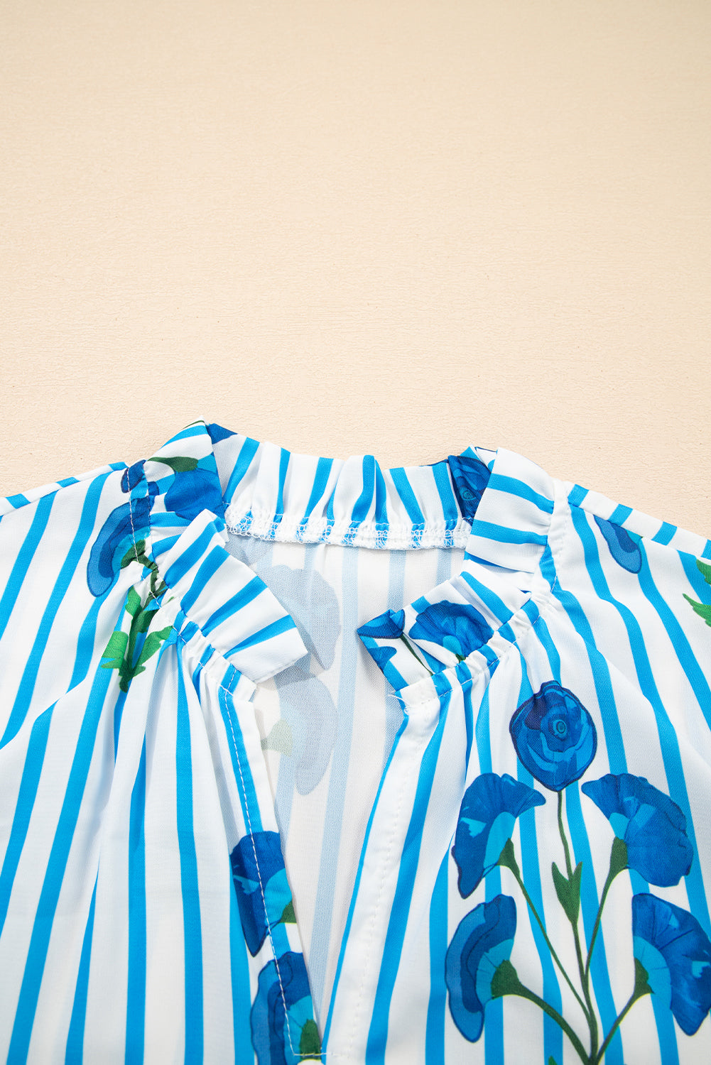 Sky Blue Stripe Floral Buttoned Frilly Notched Neck Puff Sleeve Summer Blouse eAura
