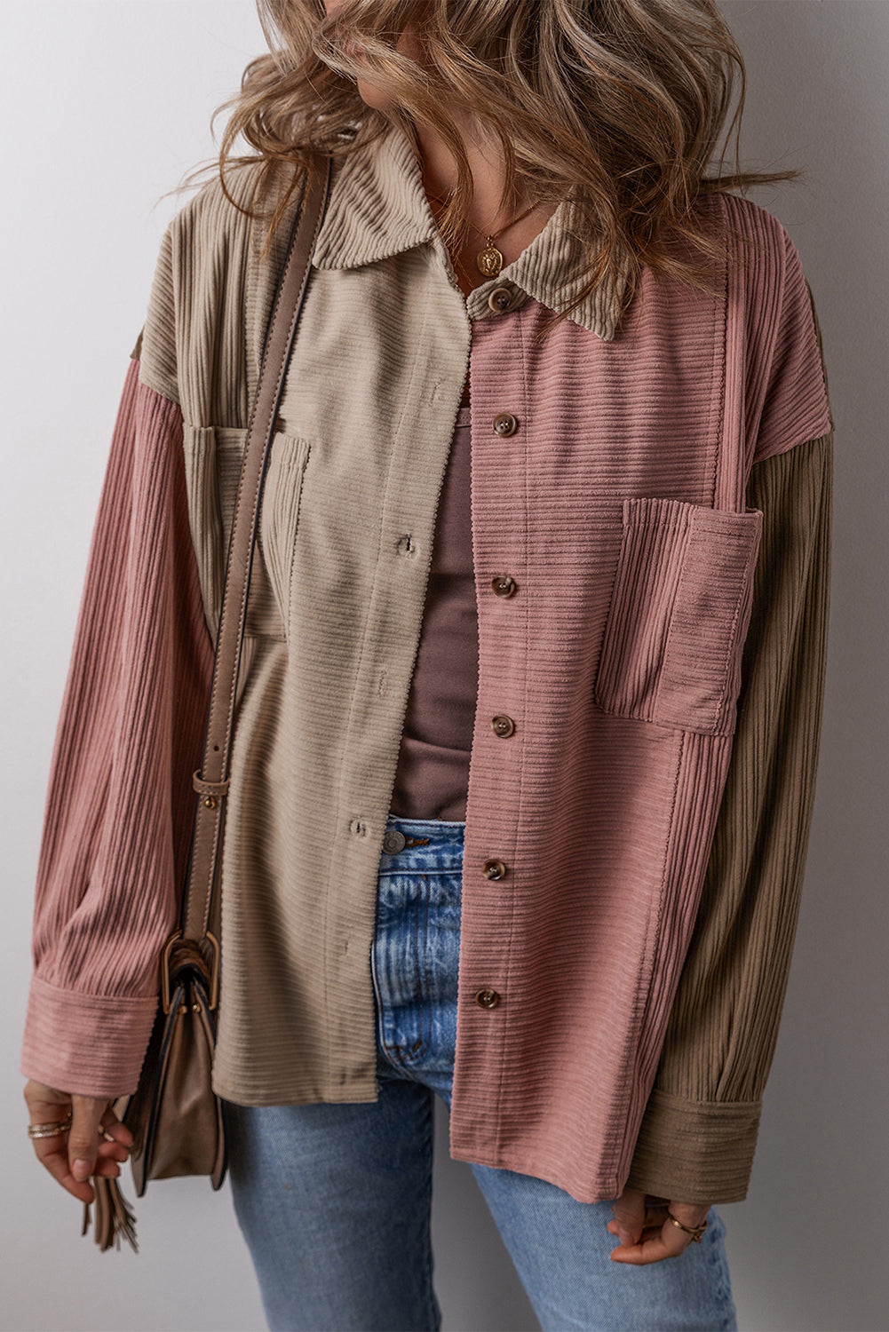 Mineral Red Colour Block Chest Pockets Buttoned Corduroy Shacket eAura