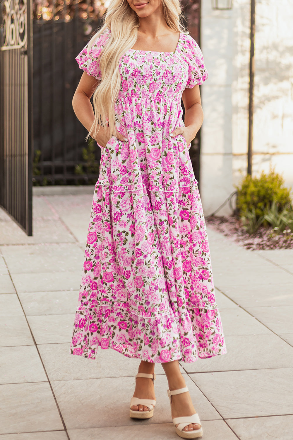 Pink Dainty Floral Smocked Puff Sleeve Flowy Long Dress eAura