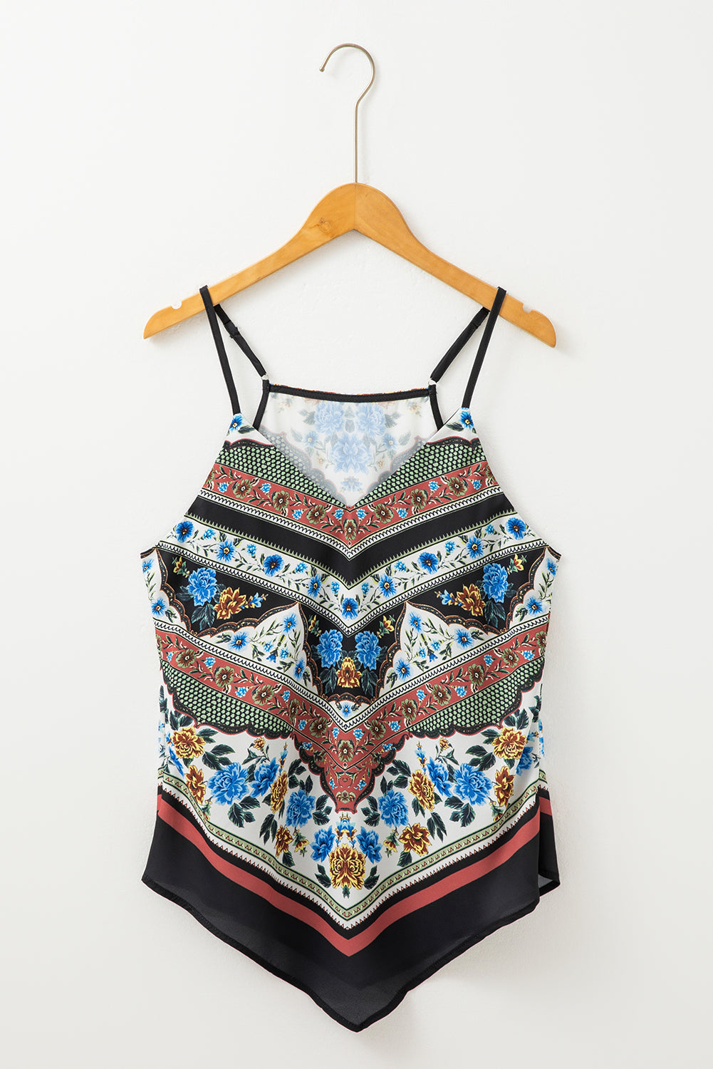 Red Mixed Floral Chevron Pattern Dip Hem Spaghetti Straps Tank eAura