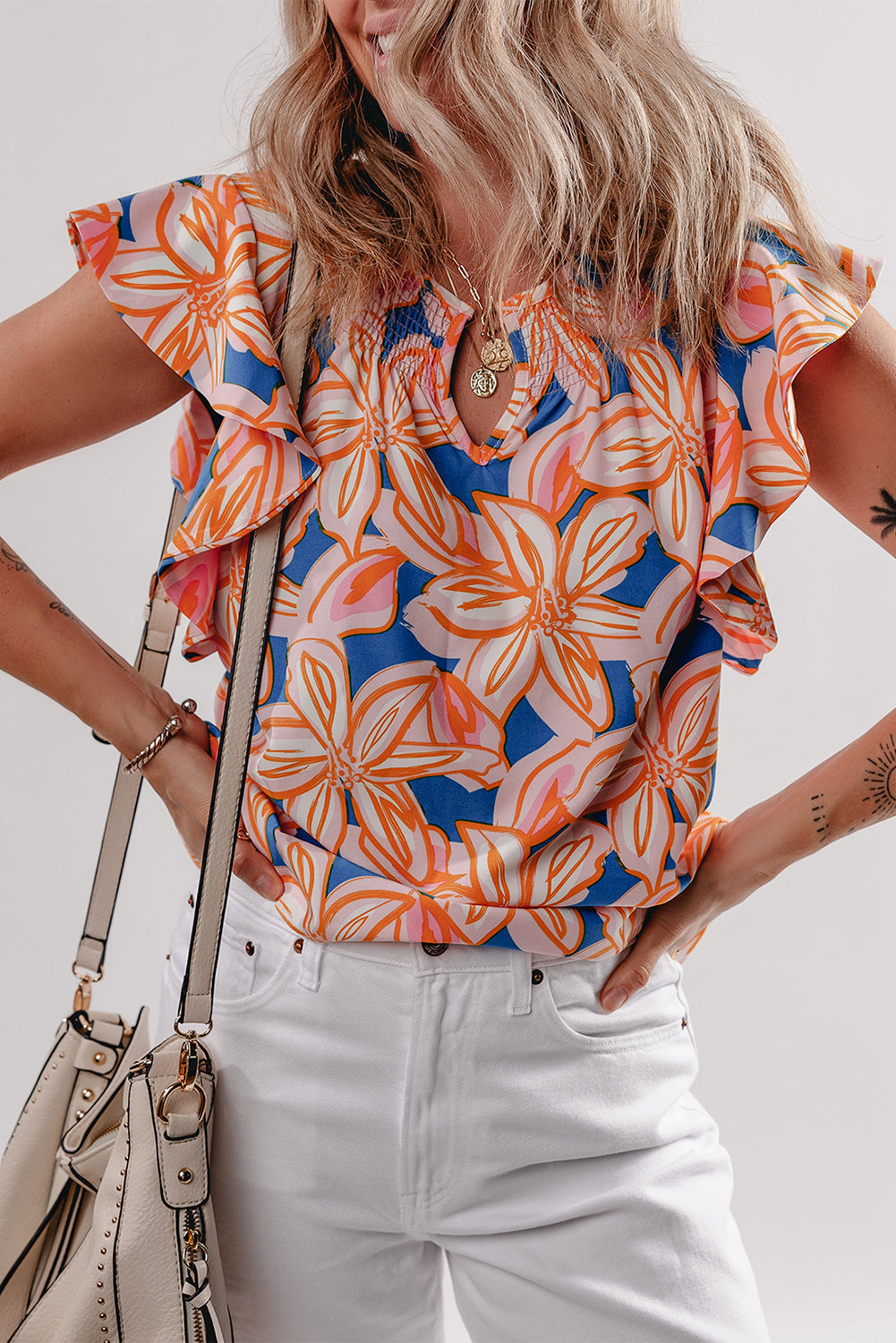 Orange Summer Flower Print Notched Neck Ruffle Sleeve Blouse eAura
