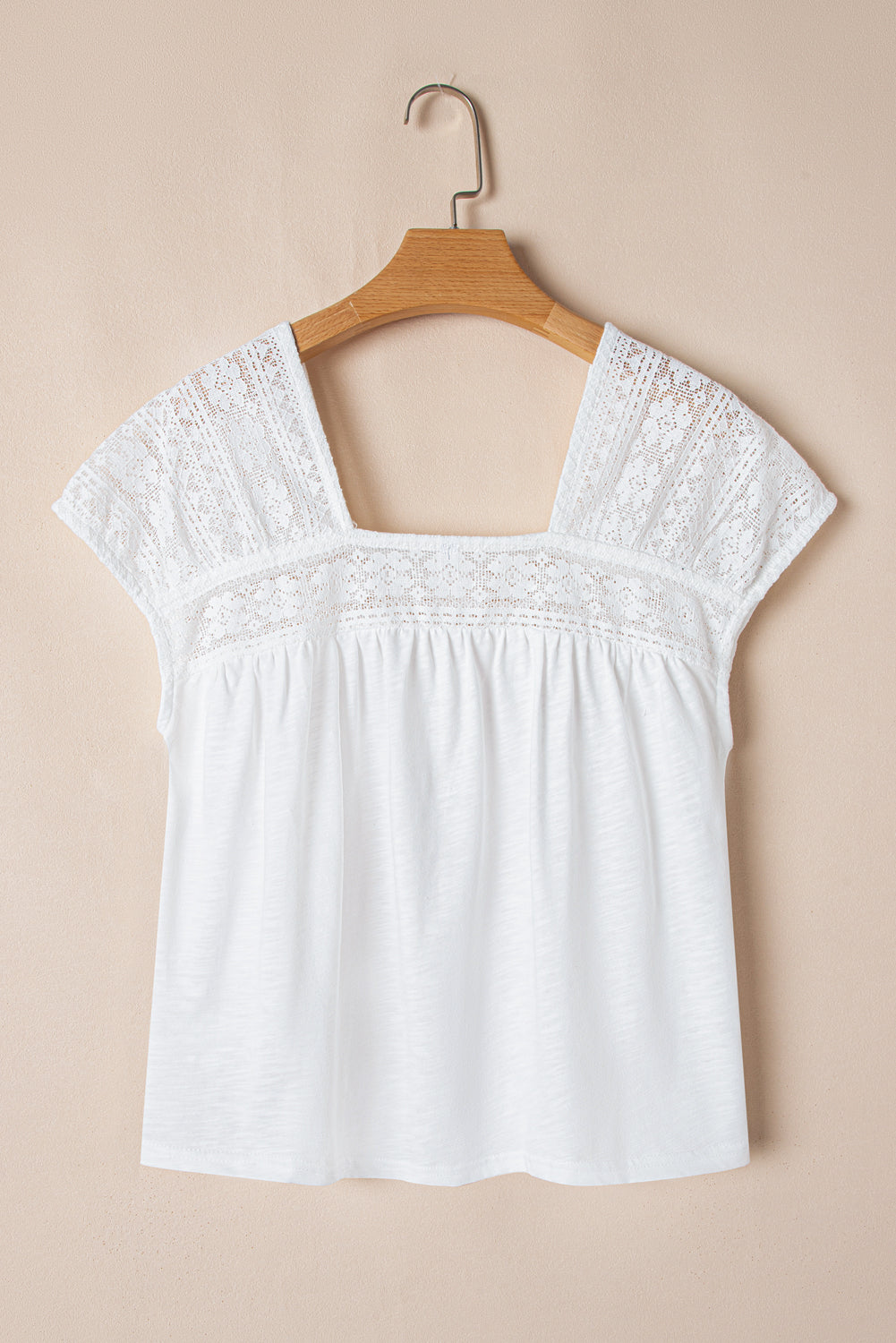 White Hollowed Lace Patchwork Square Neck Short Sleeve Blouse eAura