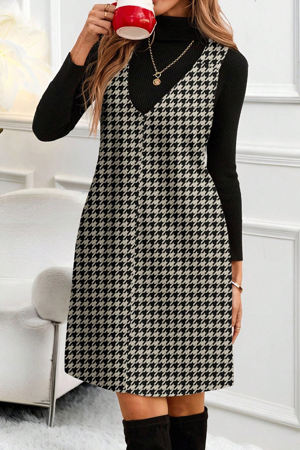 Houndstooth Print V-Neck Sleeveless Mini Dress - eAura