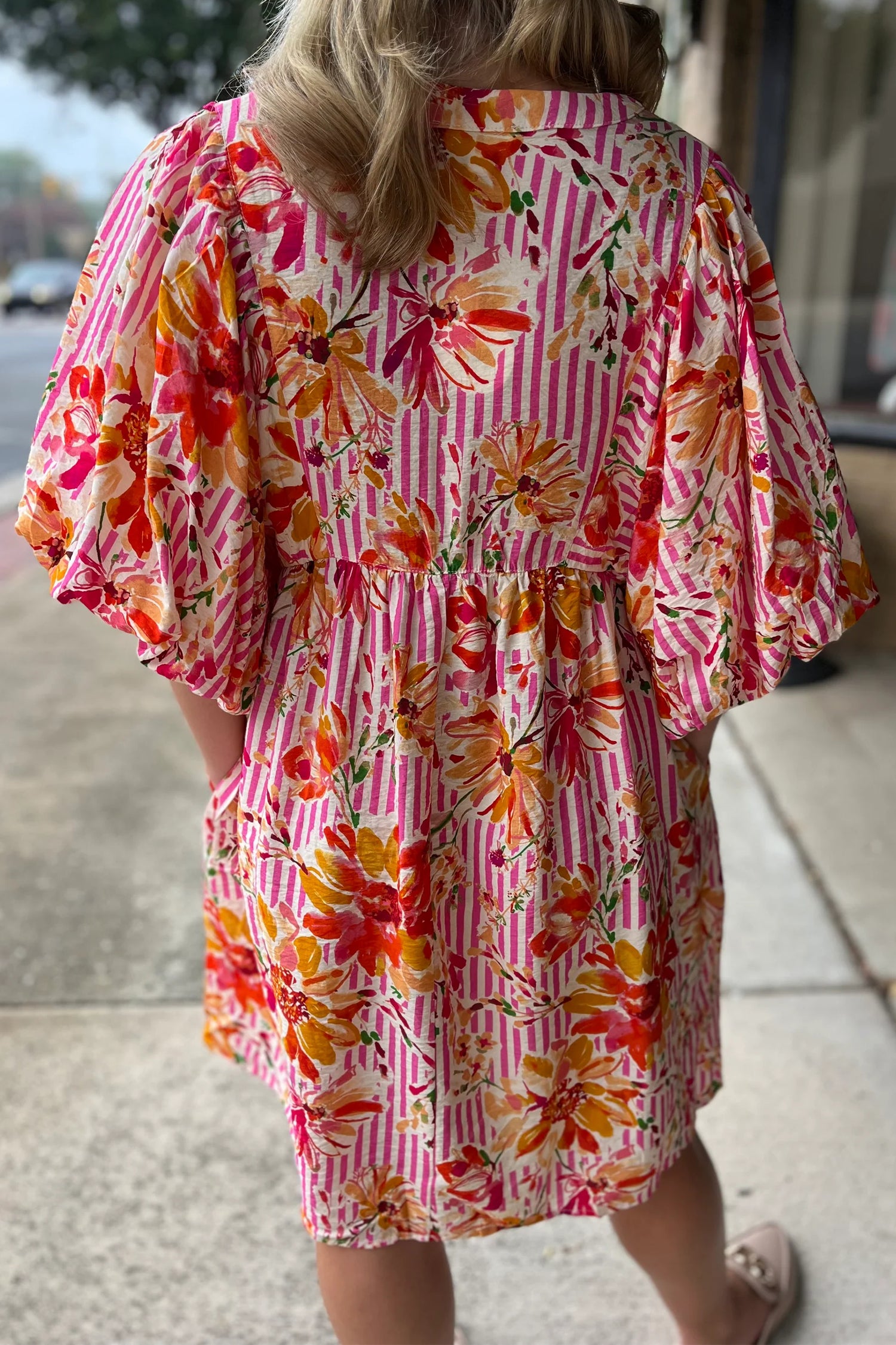 Striped Floral Print Tie Neck Puff Sleeve Loose Mini Dress
