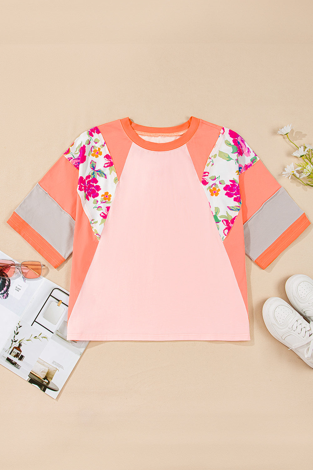 Orange Plus Size Floral Print Patchwork Raglan Half Sleeve Top BB Fashion Outlet