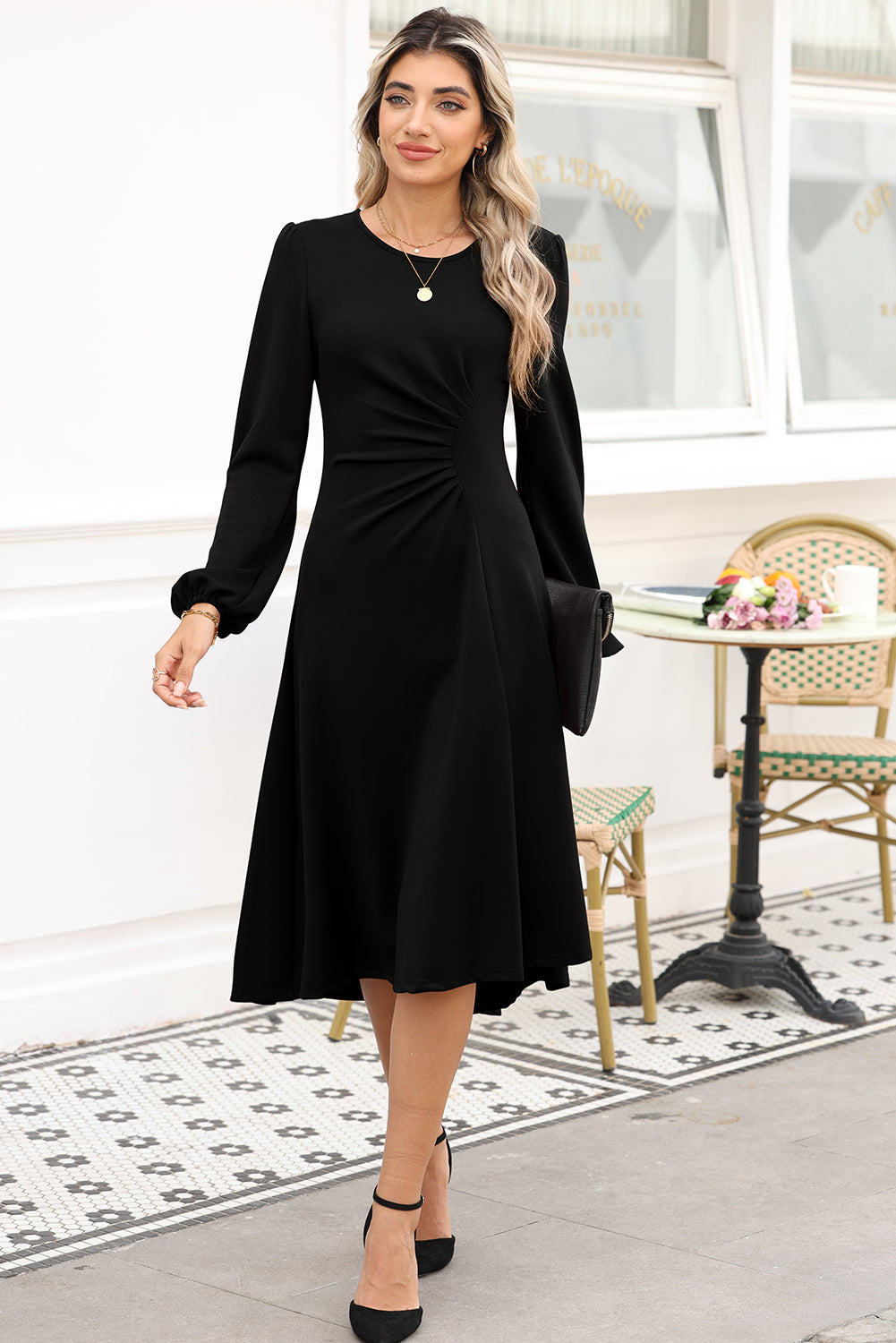 Burgundy Solid Color Ruched Detail Long Sleeve Midi Dress Dear-Lover Dropshipping