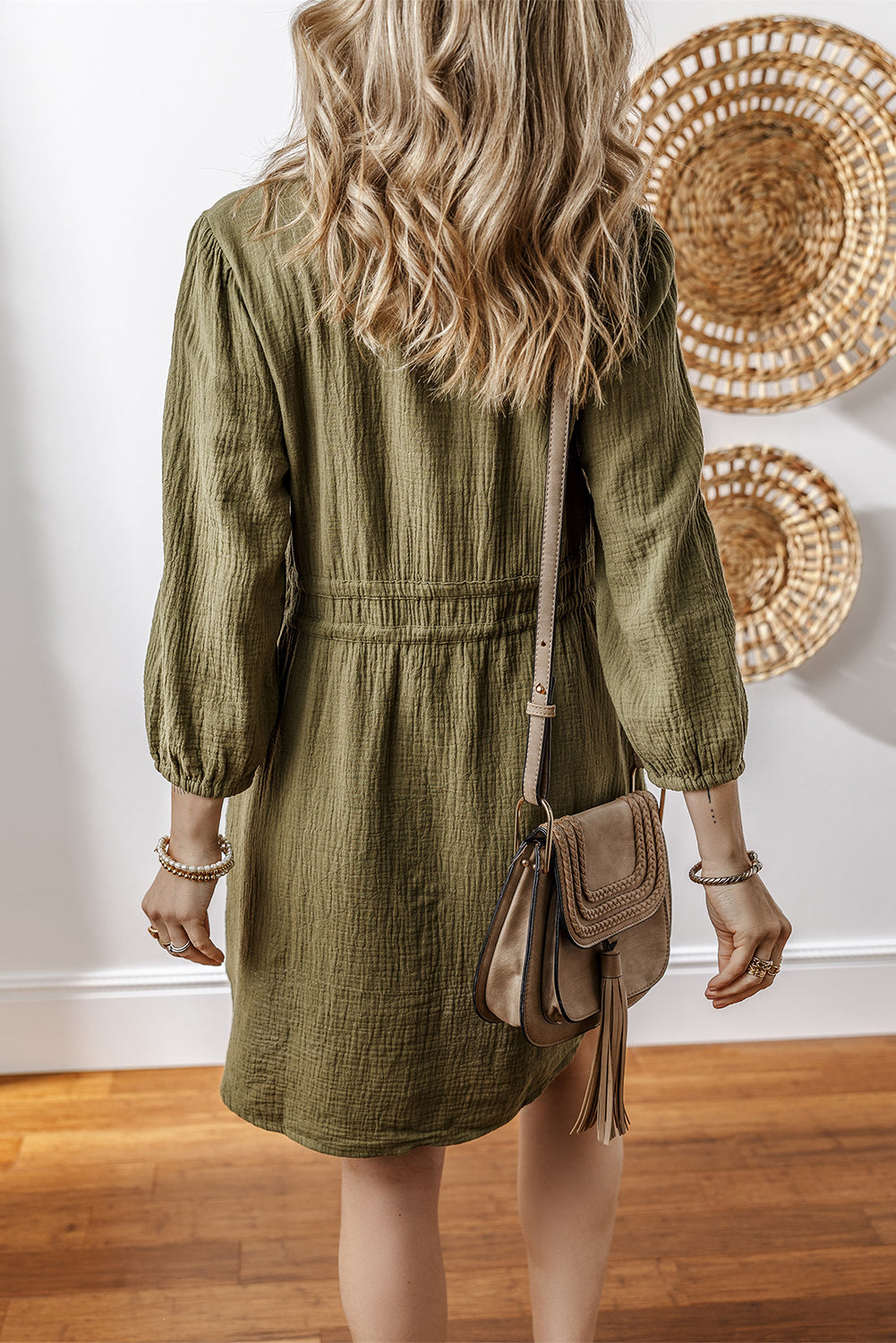 Jungle Green Textured Bracelet Sleeve Collared Button Up Dual Tied Mini Dress eAura