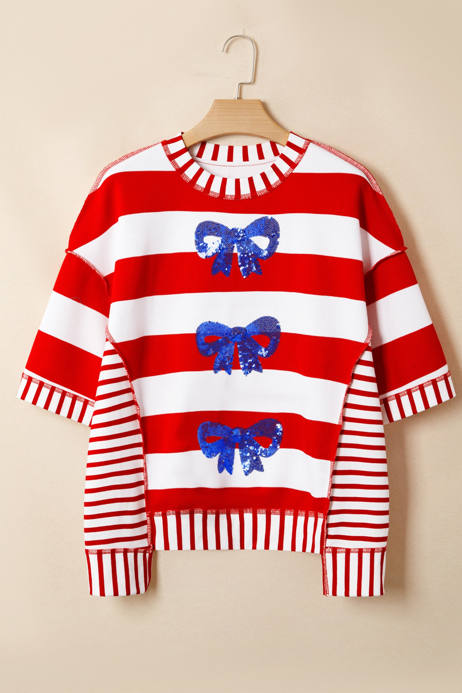 Sequin Bow Patriotic Half Sleeve Top – Red Stripe