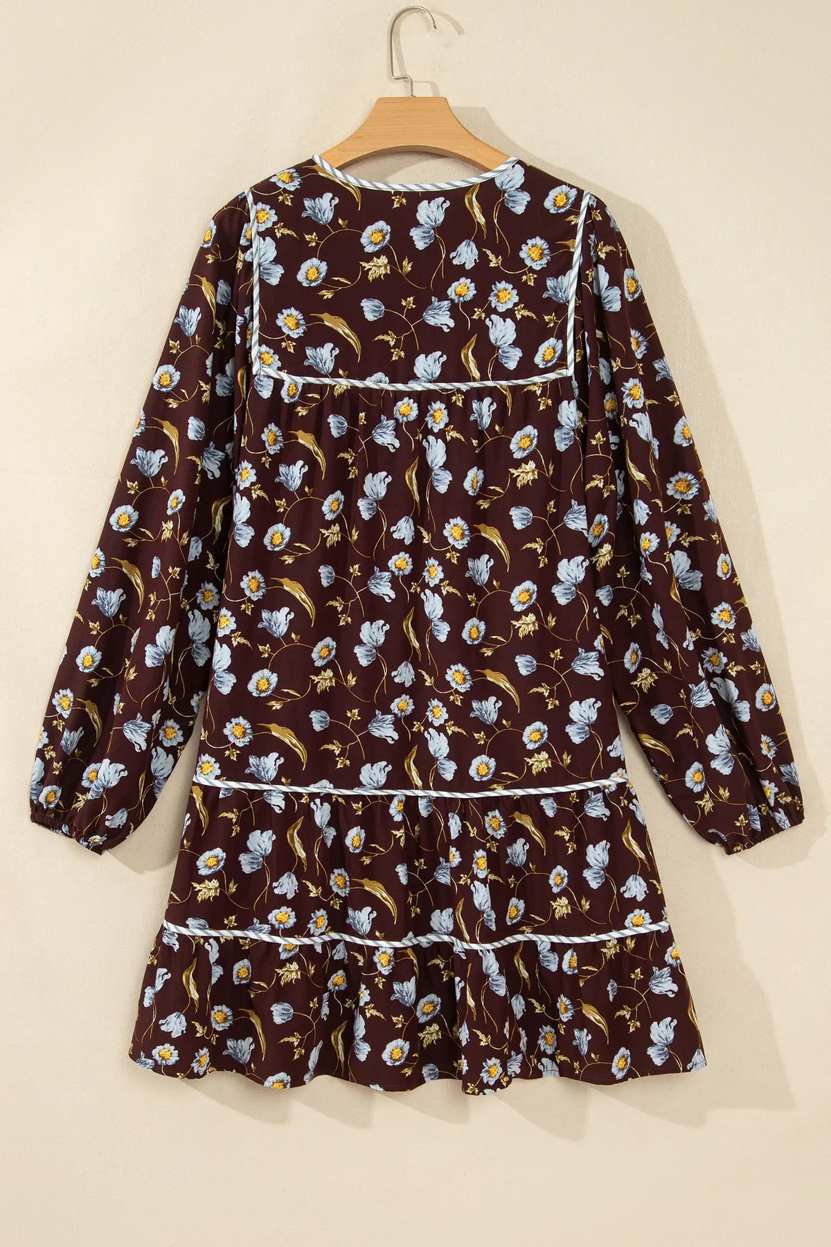 Floral Print Shirred V Neck Shift Dress – Brown