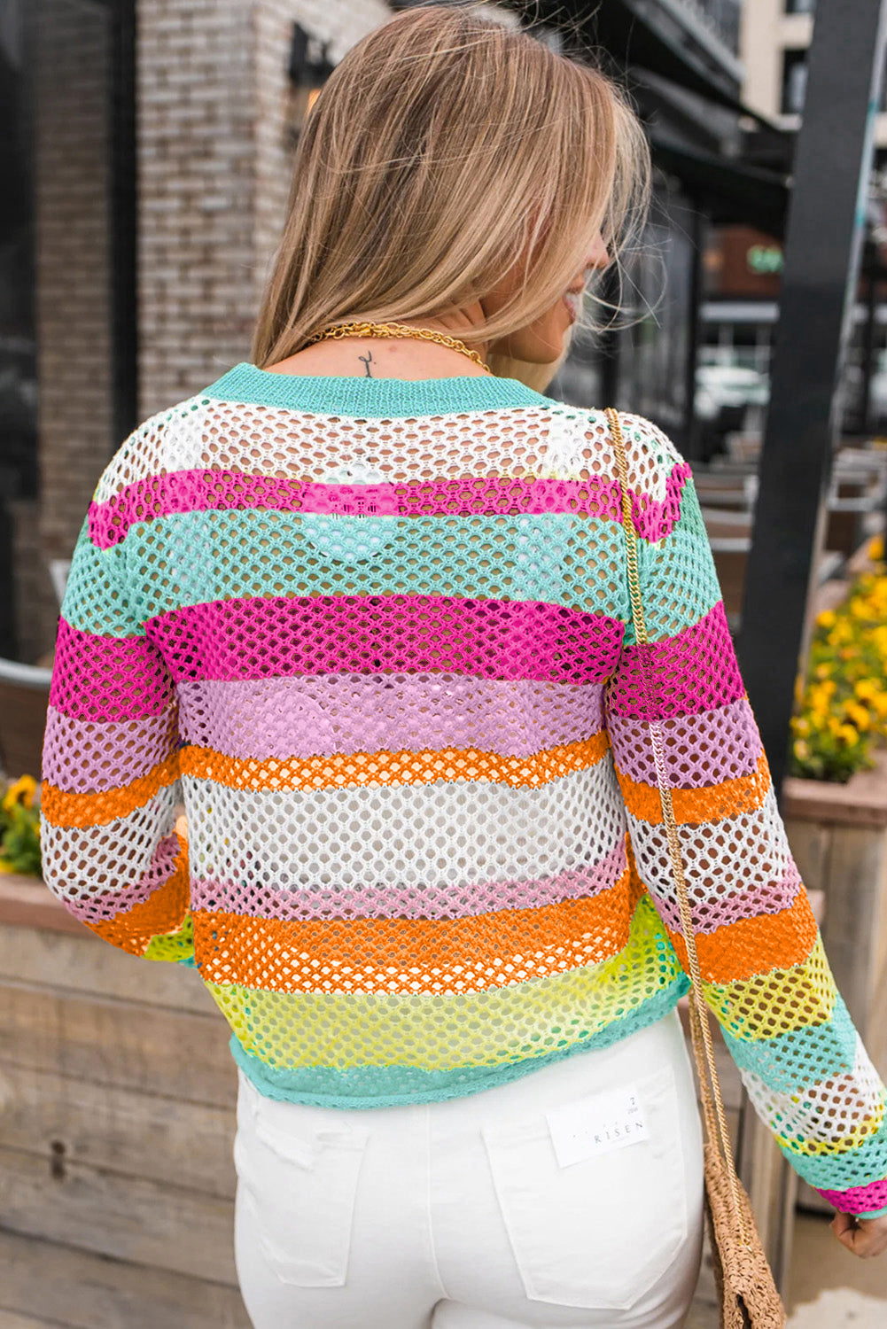 Rose Red Colourblock Patchwork Knit Crochet Eyelet Sweater eAura