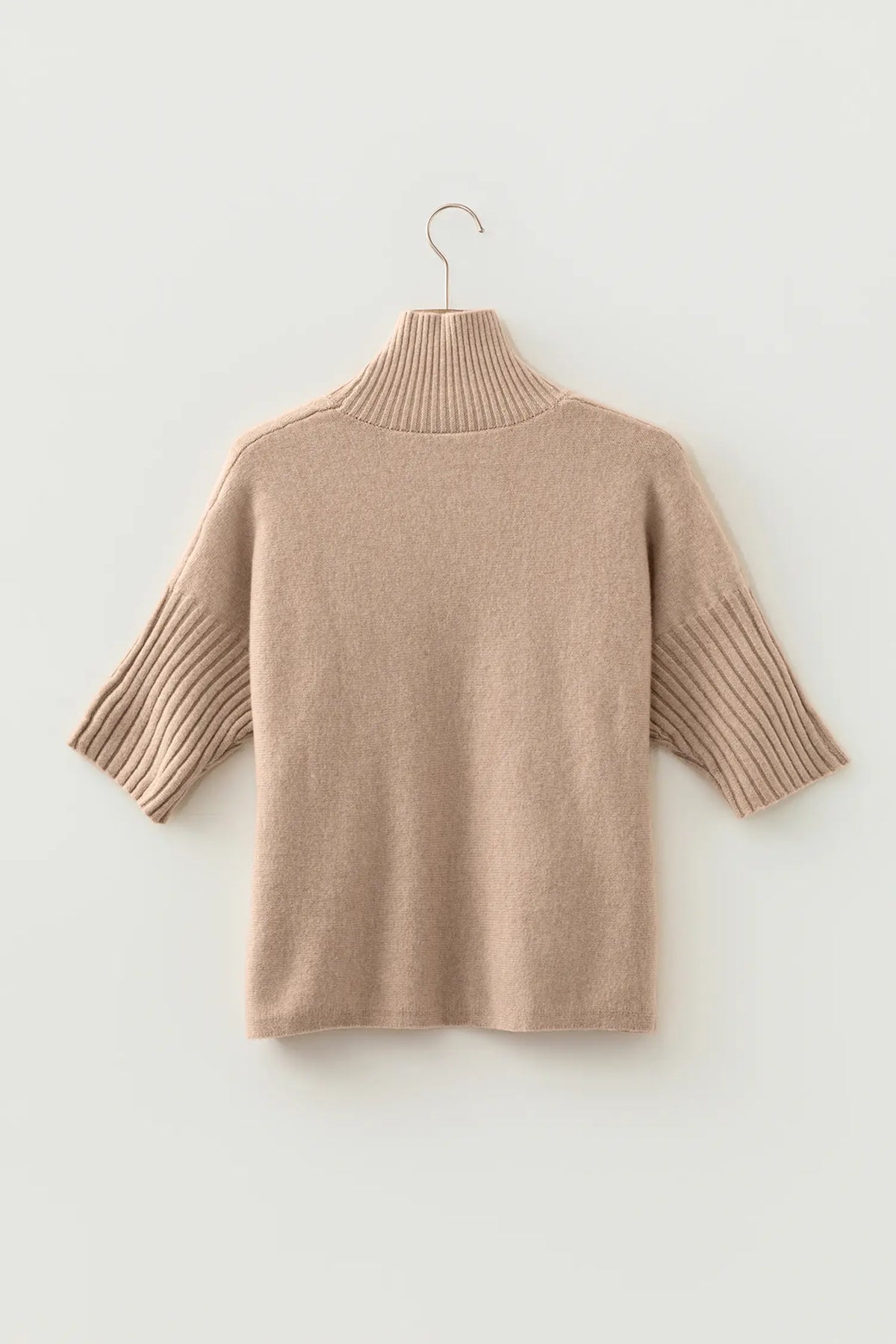 Ribbed Trim High Neck Short Sleeve Casual Sweater – Beige
