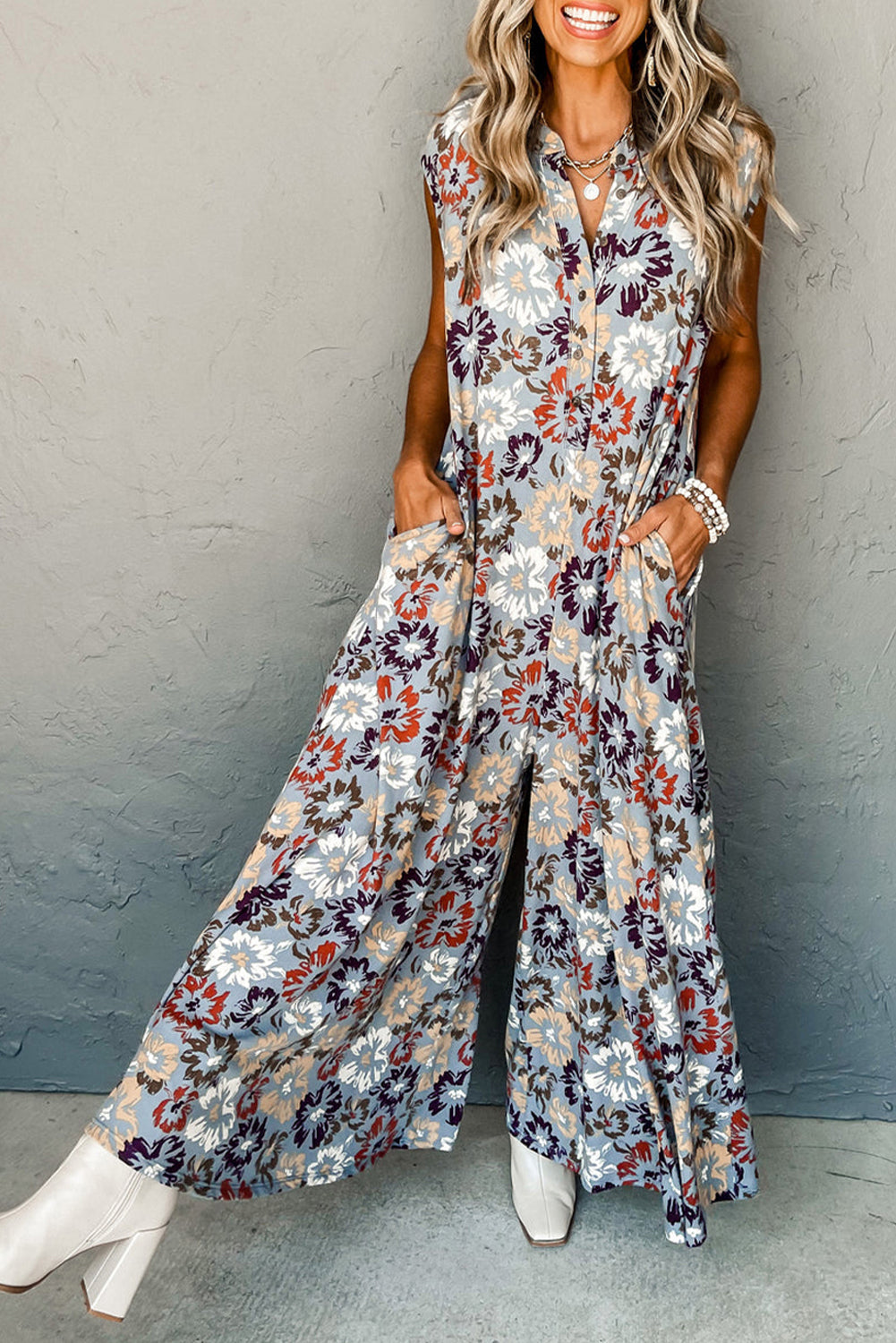 Sky Blue Floral Sleeveless Buttoned Pocketed Wide Leg Jumpsuit BB Fashion Outlet