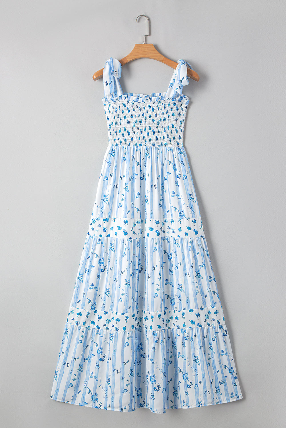 Sky Blue Floral Smocked Tied Straps A-Lined Tiered Maxi Dress eAura