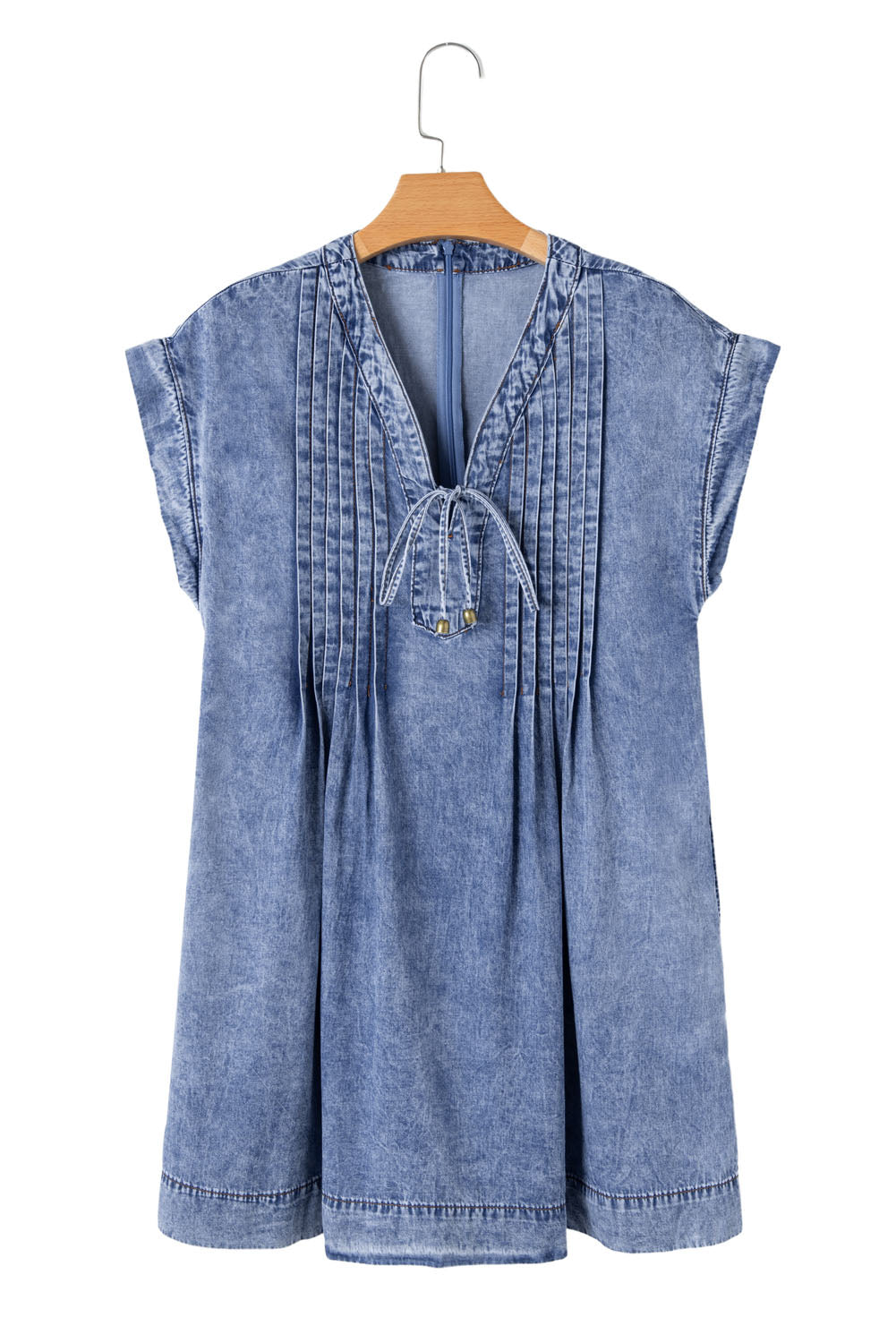 Beau Blue Tie V-Neck Tucking Detail Short Sleeve Denim Shift Dress - eAura