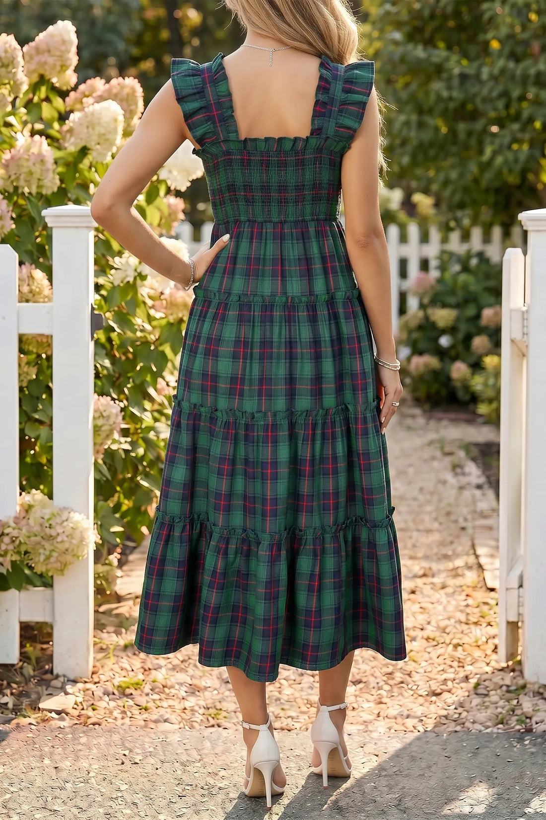 Plaid Ruffle Sleeveless Shirred Bodice Tiered Midi Dress – Green
