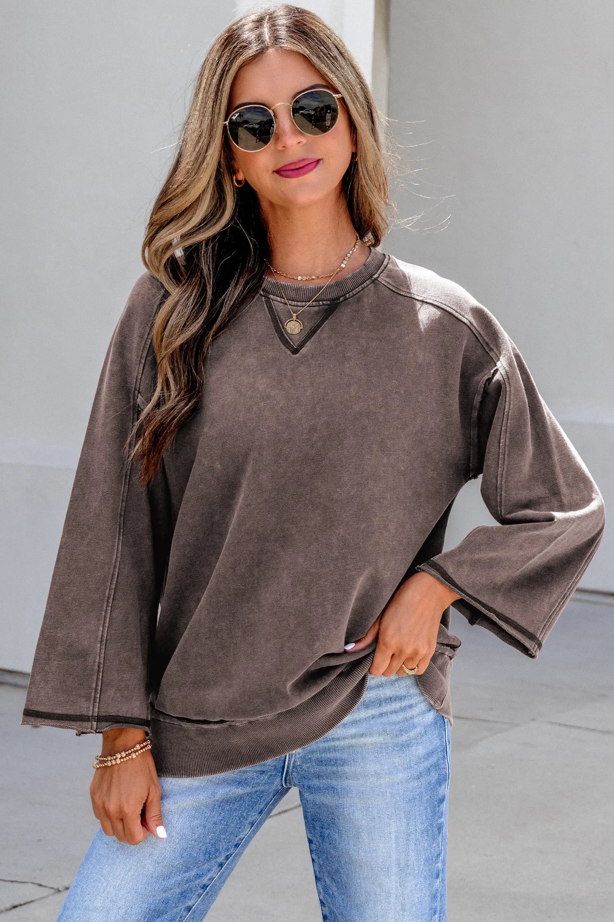 3/4 Sleeve Mineral Wash Loose Cotton Top – Dark Brown