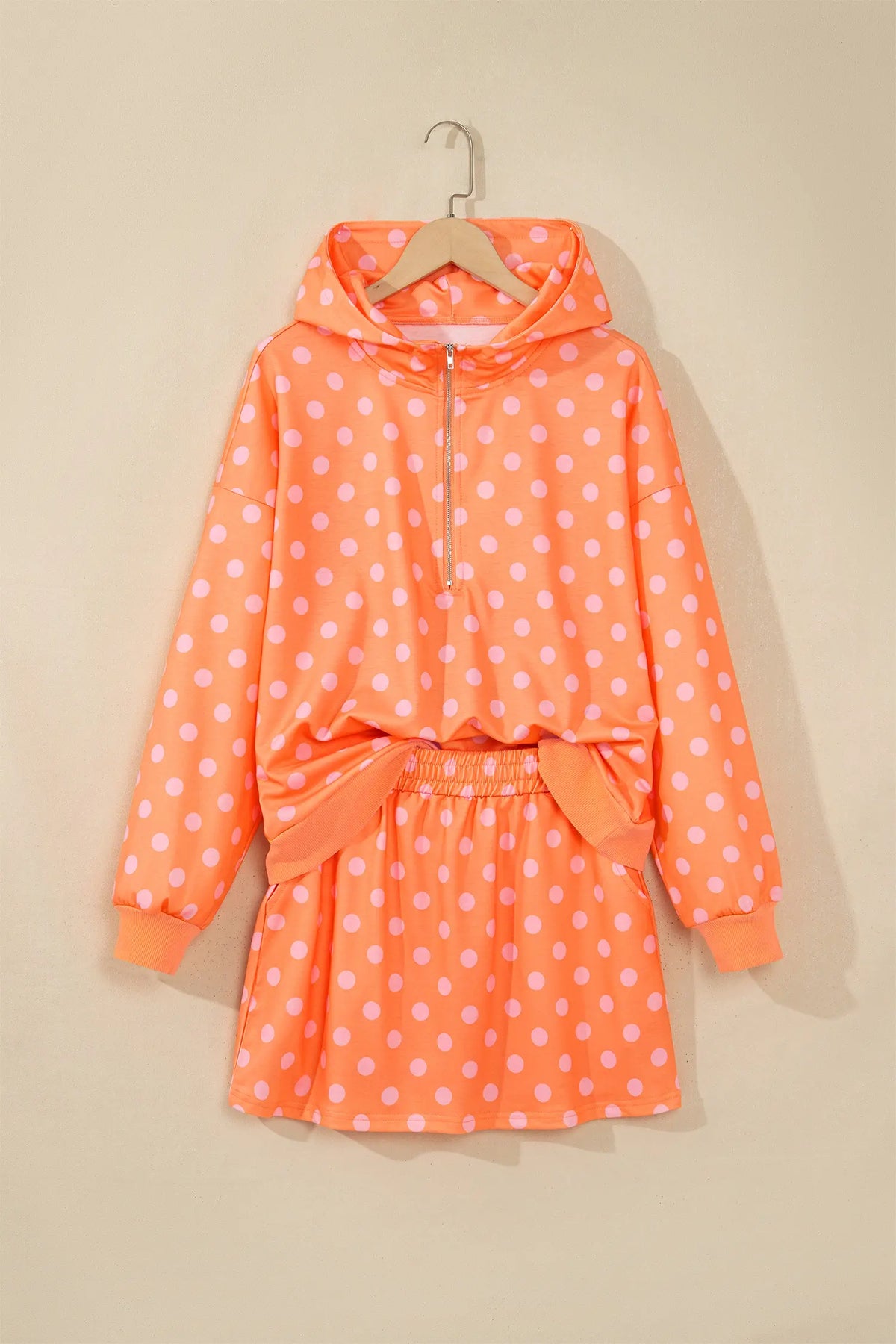 Polka Dot Hooded Long Sleeve Top Casual Mini Skort Set – Khaki
