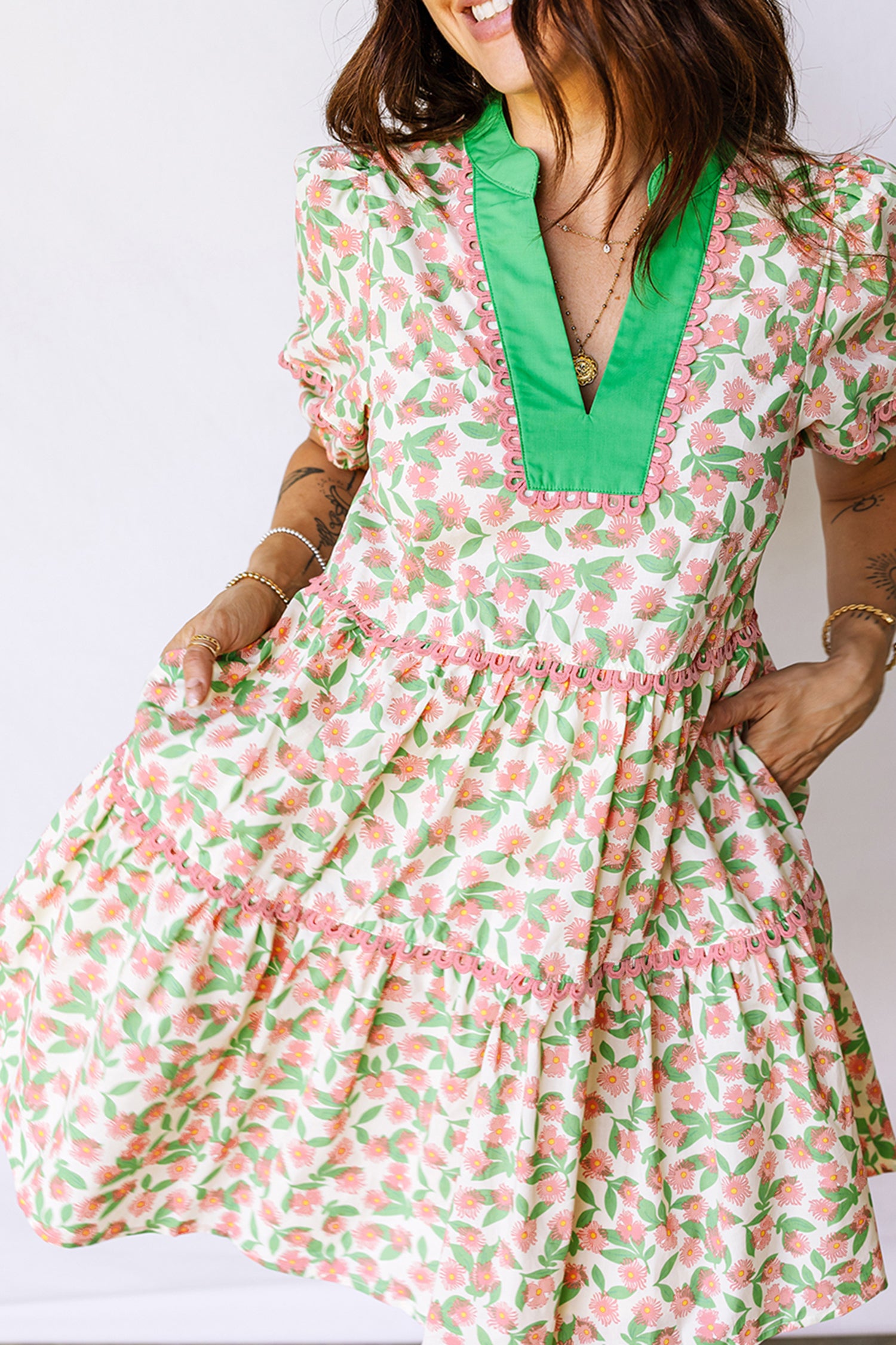 Green Contrast Neckline RicRac Trim Floral Short Puff Sleeve Dress
