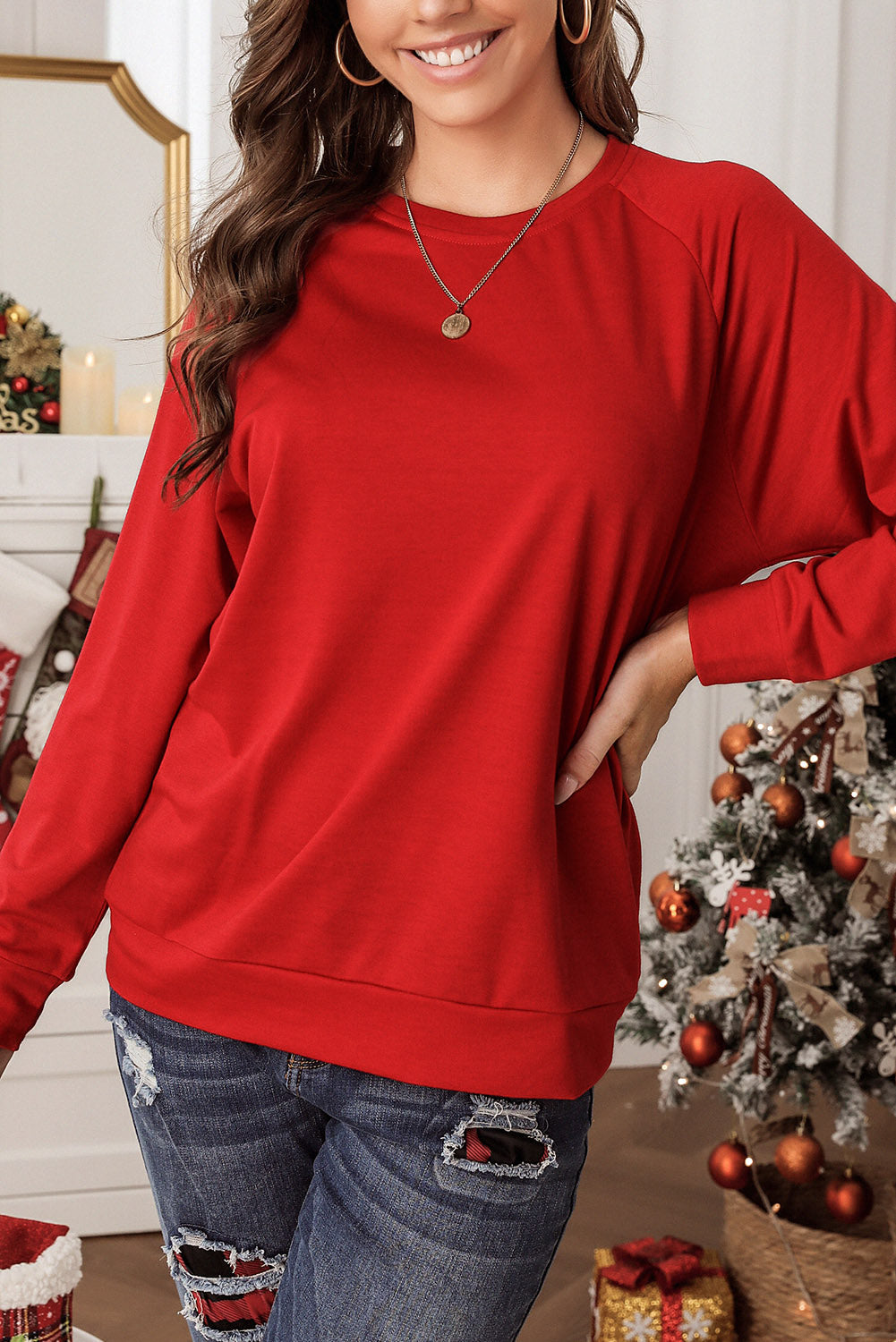 Green Solid Round Neck Raglan Sleeve Sweatshirt eAura