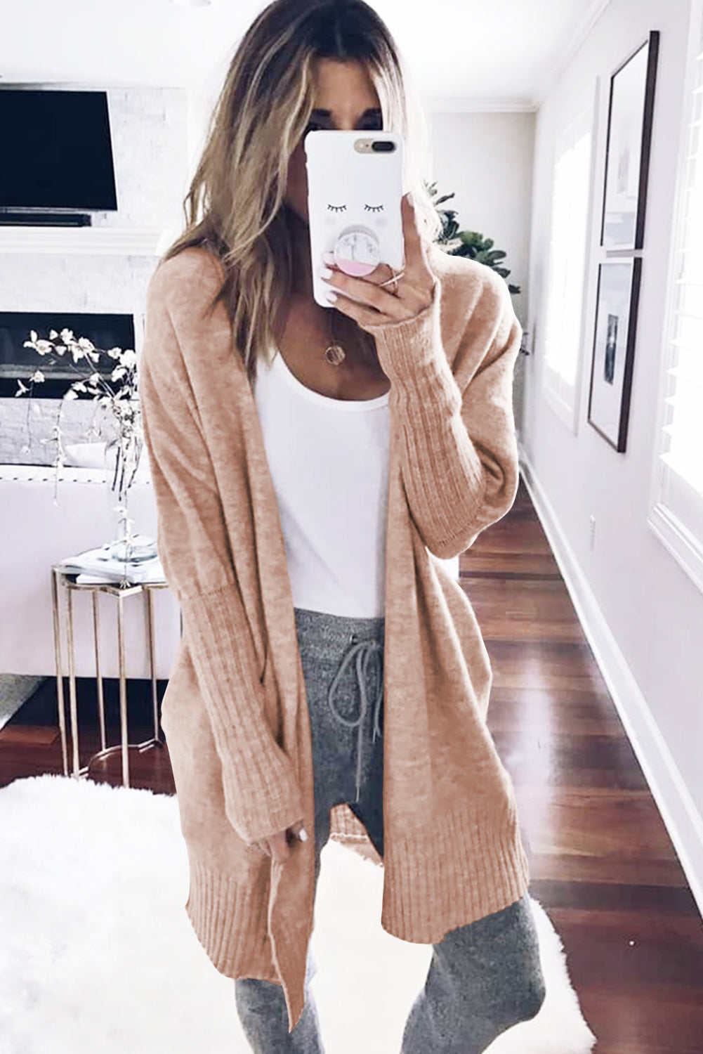 Smoke Grey Ribbed Trim Puff Sleeve Open Cardigan eAura